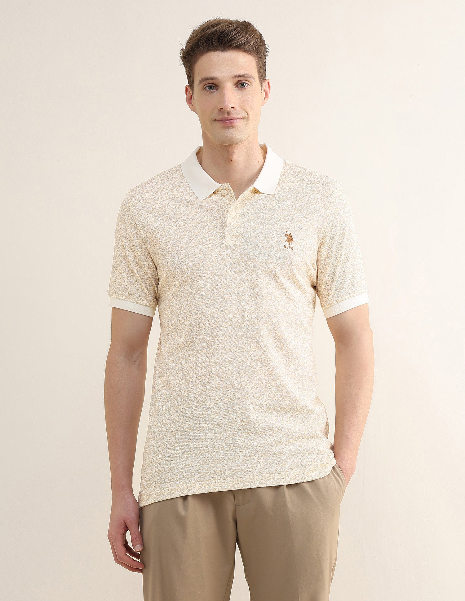 Tropical Printed Slim Fit Polo Shirt Beige - U.S. Polo Assn. India | Large