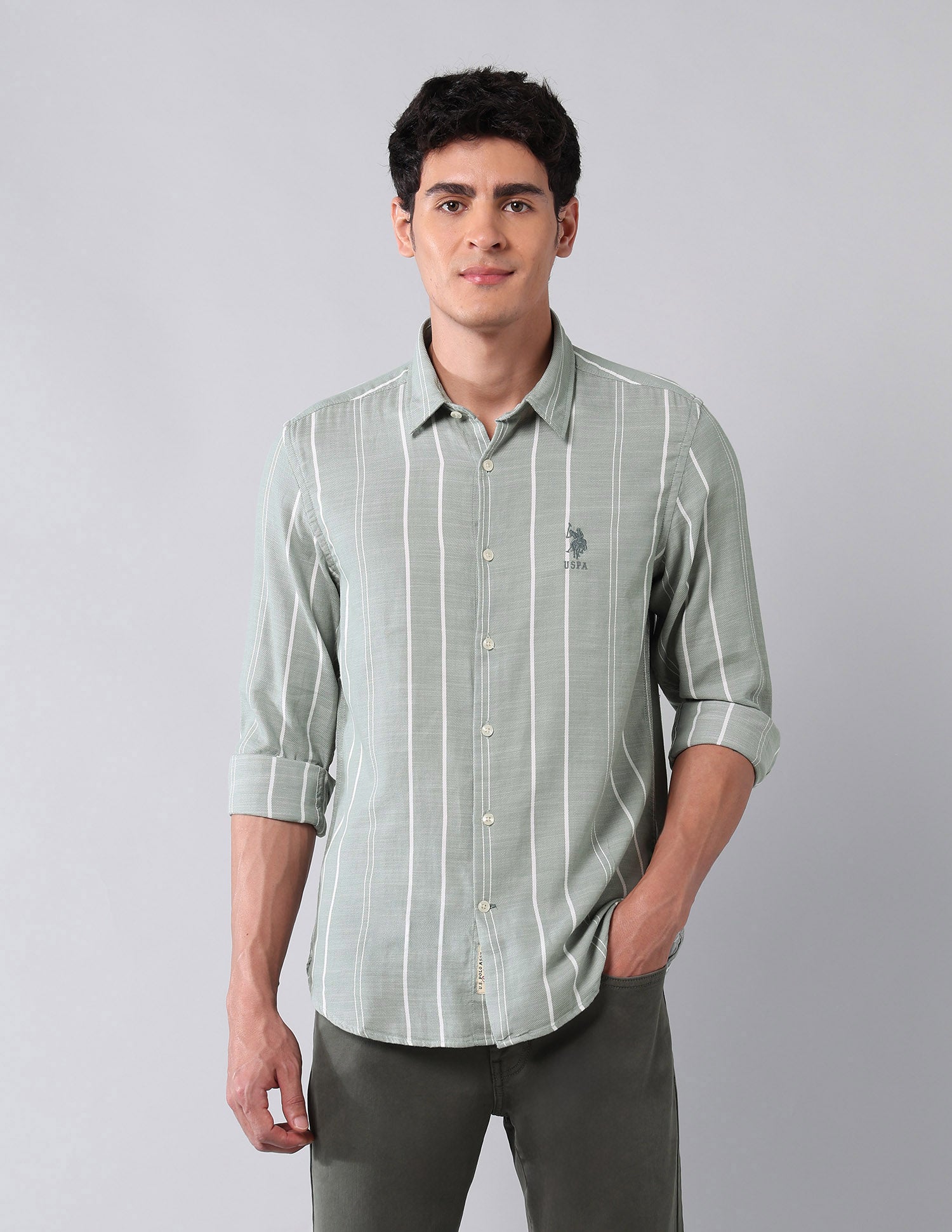 Vertical Striped Pure Cotton Shirt Light Green - U.S. Polo Assn. India | Large
