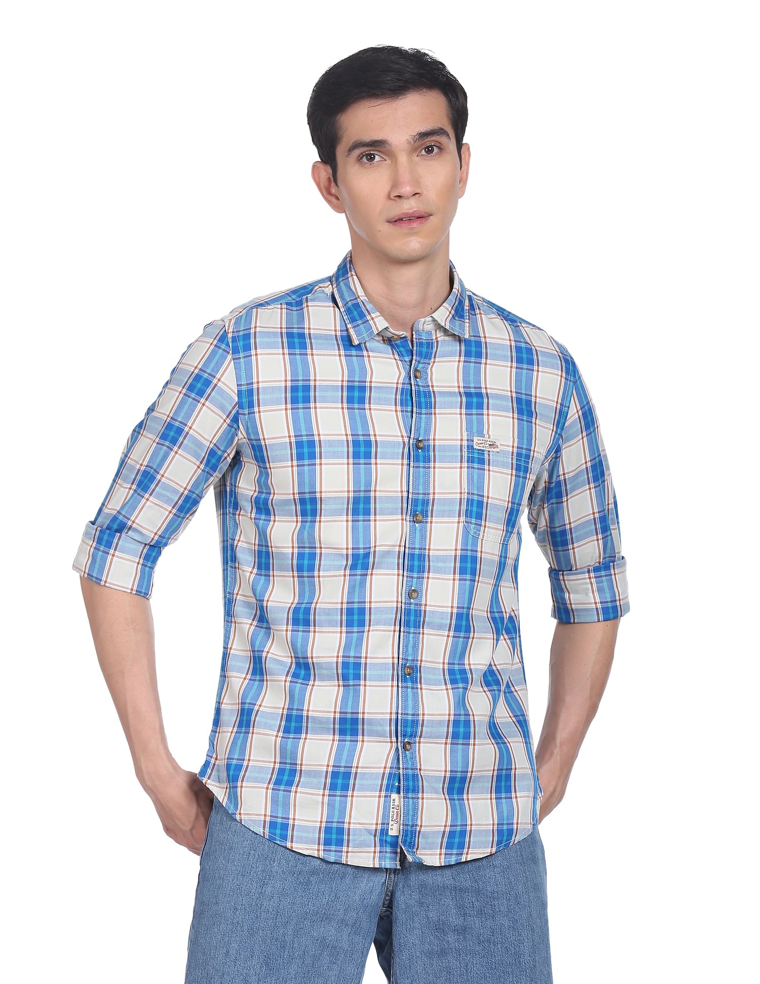 Men Beige And Blue Twill Weave Plaid Check Casual Shirt Beige and Blue - U.S. POLO ASSN. | Large
