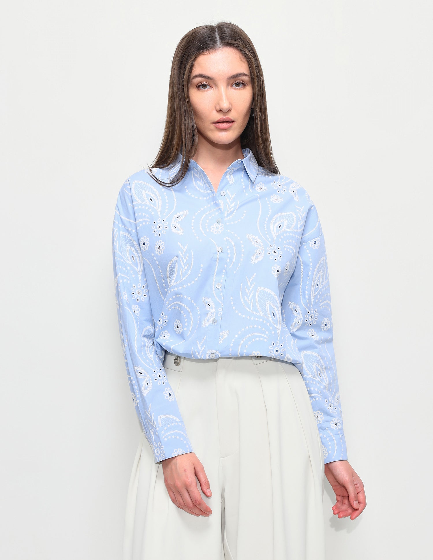 Floral Printed Cut Work Oversized Fit Shirt Light Blue - U.S. Polo Assn. India | Large