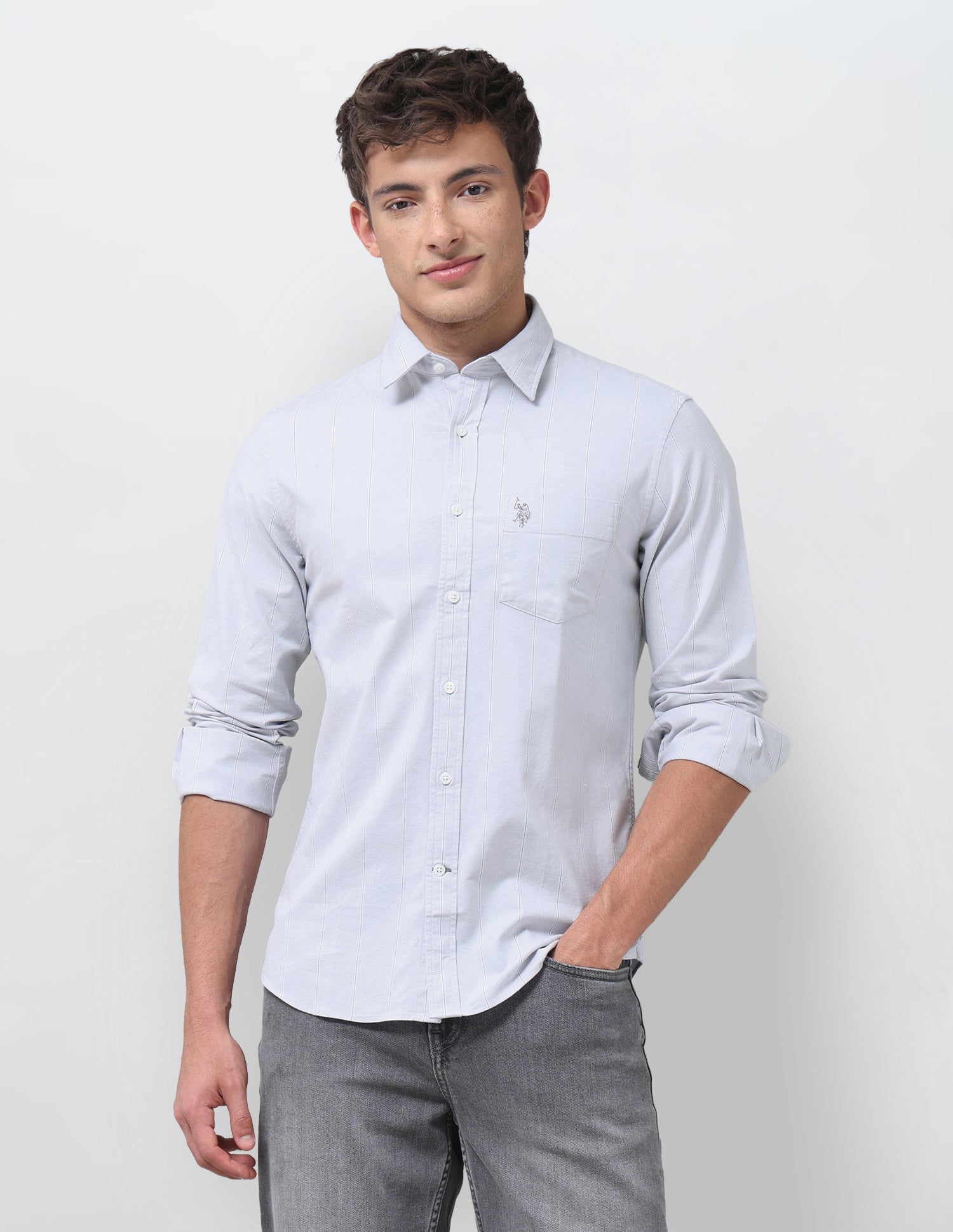 Vertical Striped Oxford Shirt Light Grey - U.S. Polo Assn. India | Large