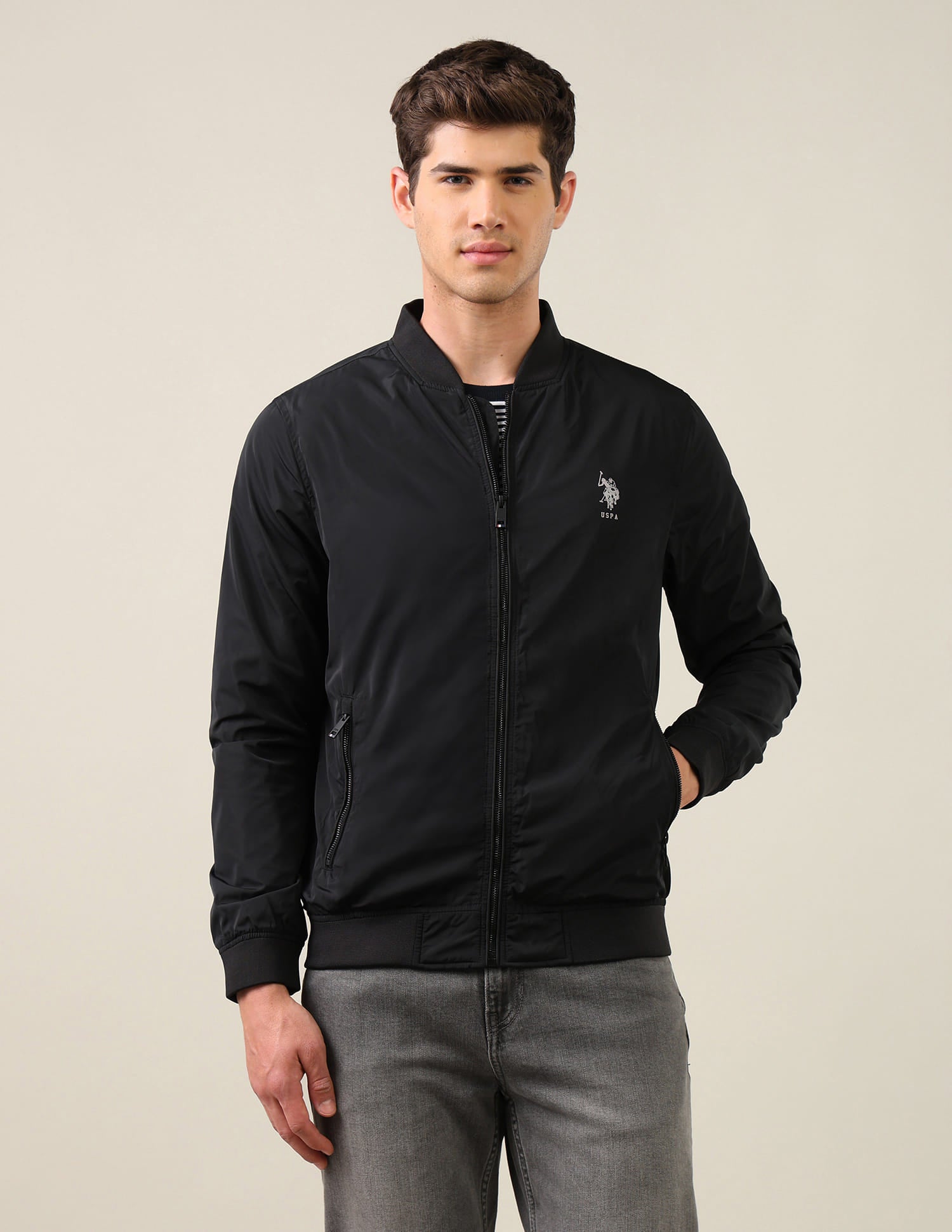 Men Black Solid Stand Collar Bomber Jacket Black - U.S. Polo Assn. India | Large