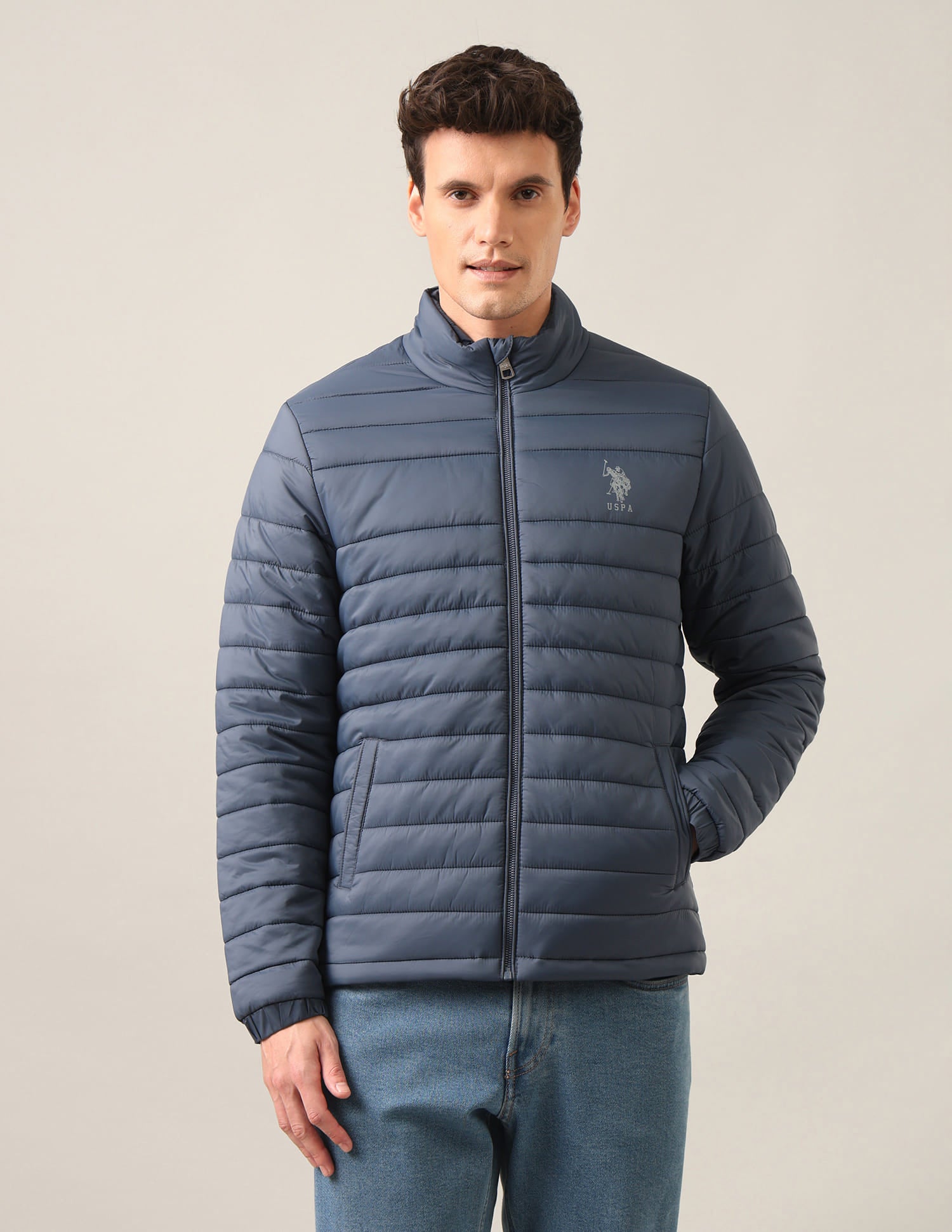 Regular Fit Solid Padded Jacket Blue - U.S. Polo Assn. India | Large