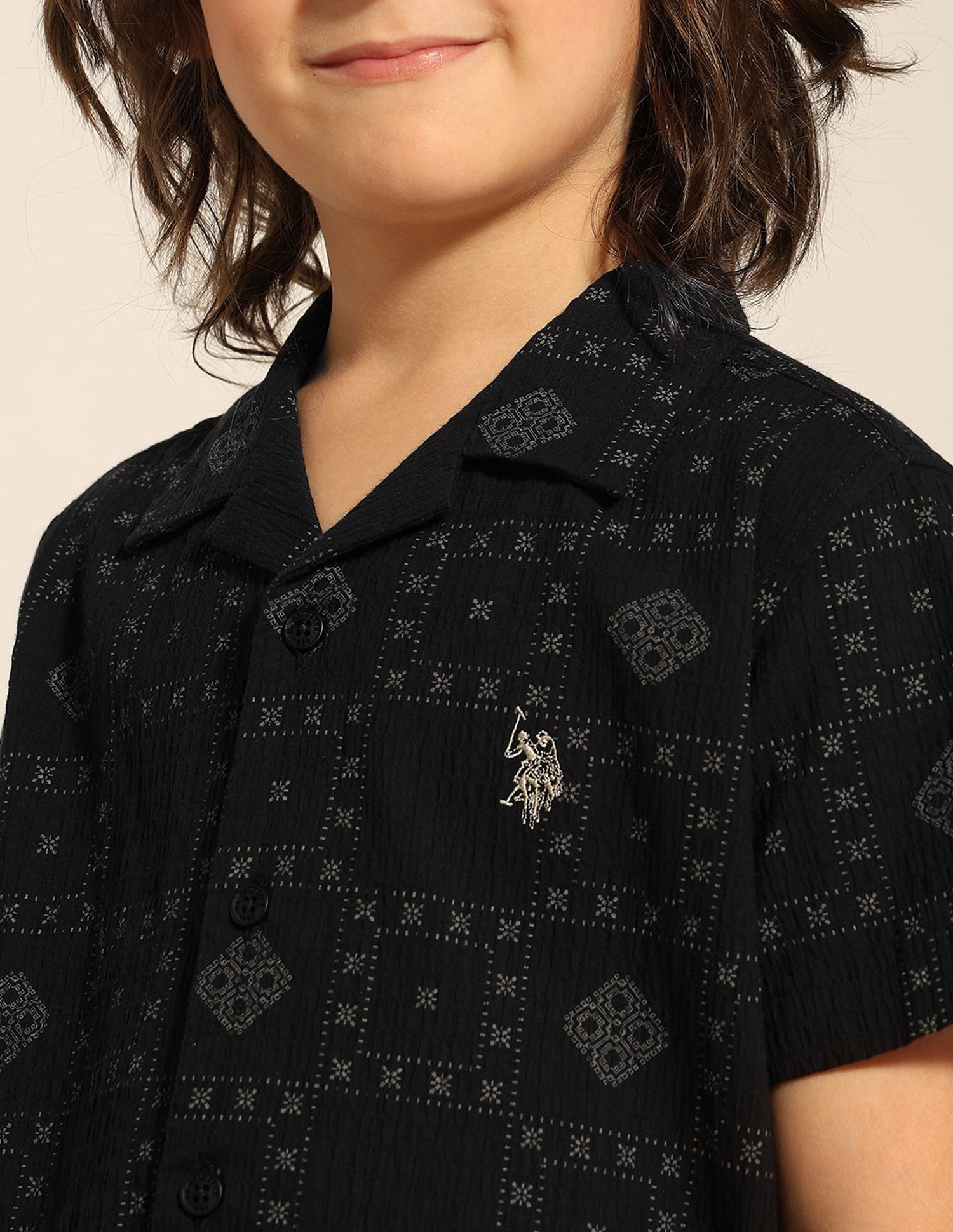 Boys Geometric Printed Cuban Shirt Black - U.S. POLO ASSN. | Large