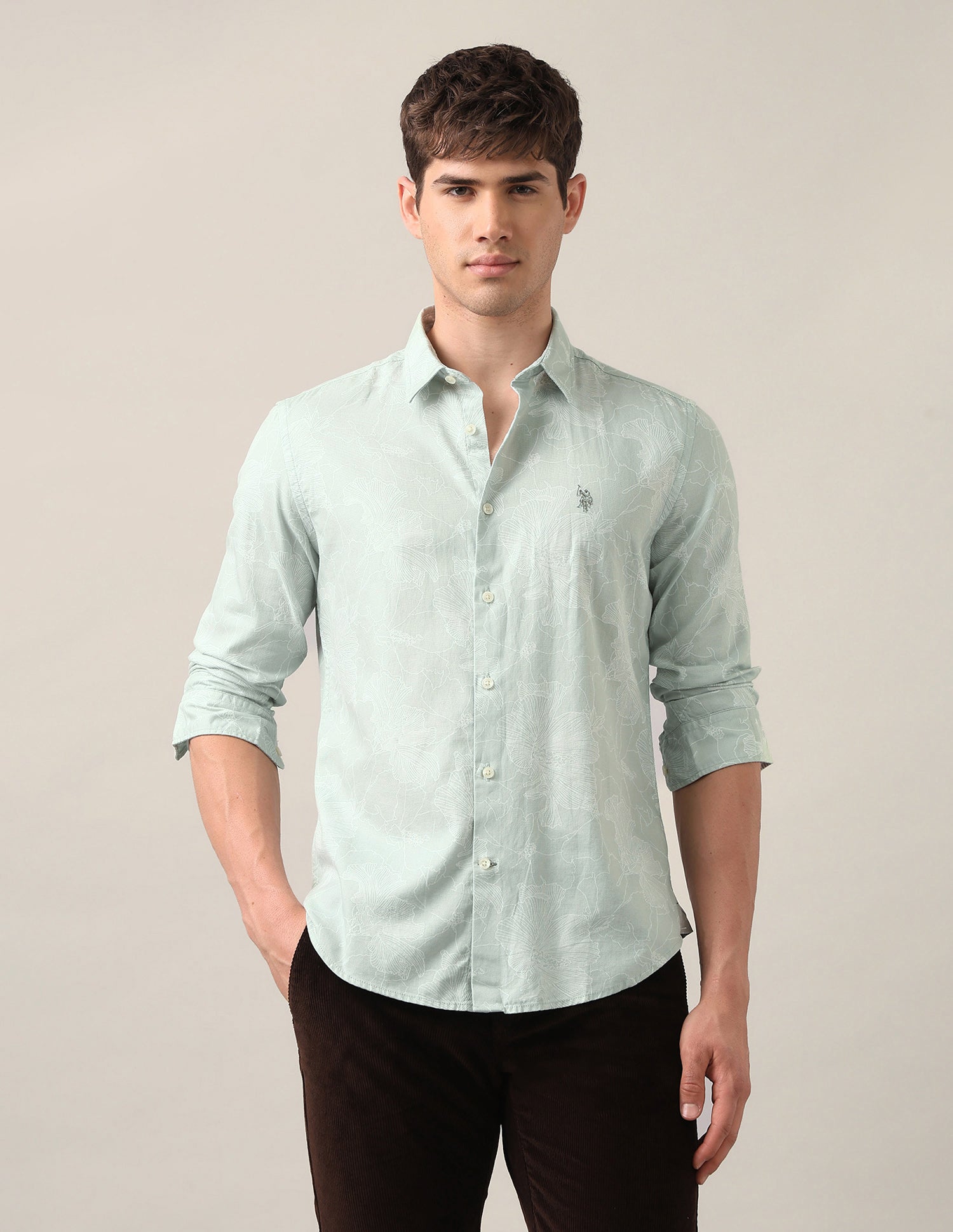 Regular Fit Floral Printed Shirt Light Green - U.S. Polo Assn. India | Large