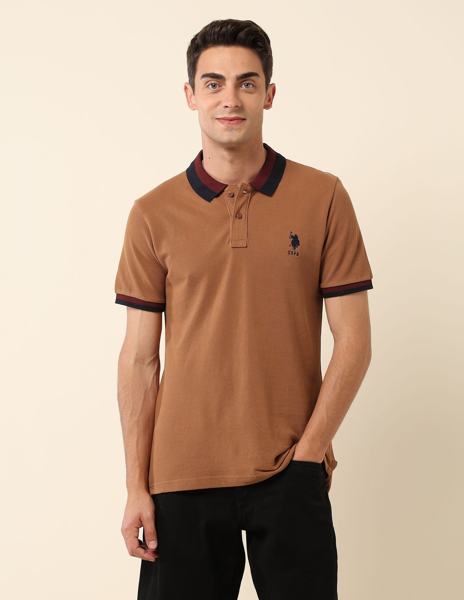 Slim Fit Solid Polo Shirt Brown - U.S. Polo Assn. India | Large