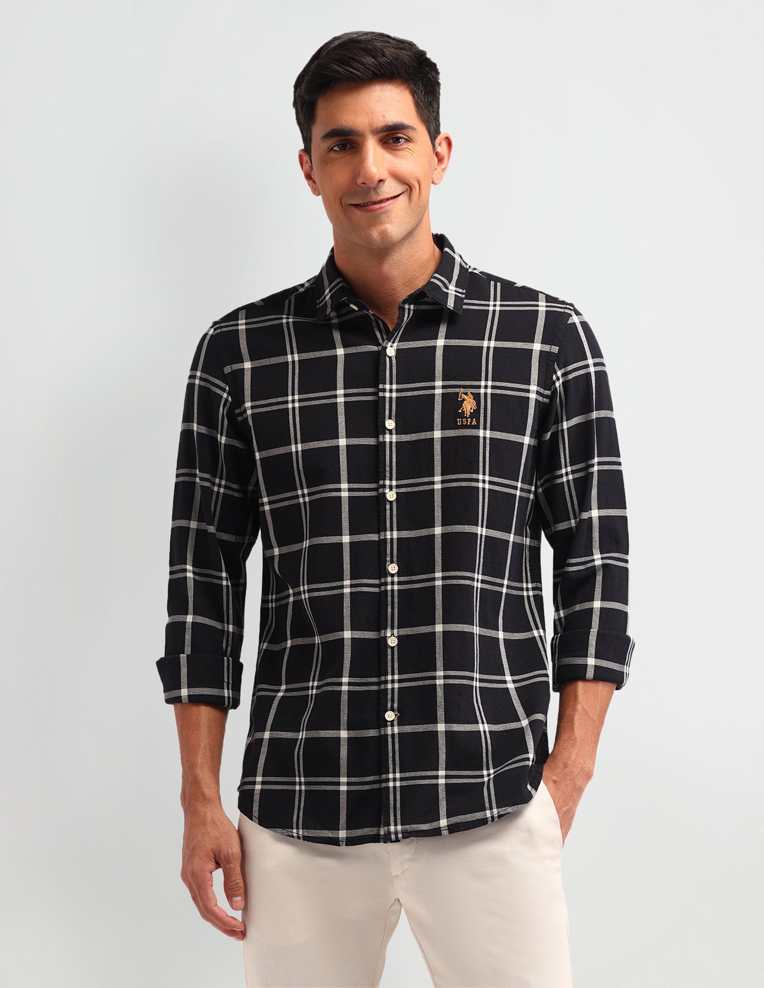 Windowpane Check Printed Slim Fit Shirt Black - U.S. Polo Assn. India | Large
