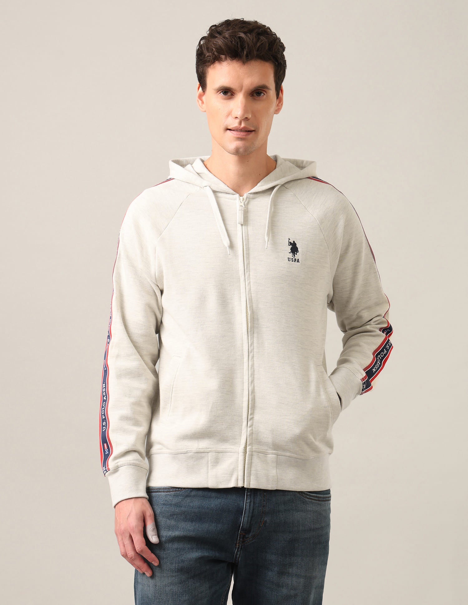Hooded Zip Up Heathered Sweatshirt Ecru - U.S. Polo Assn. India | Large