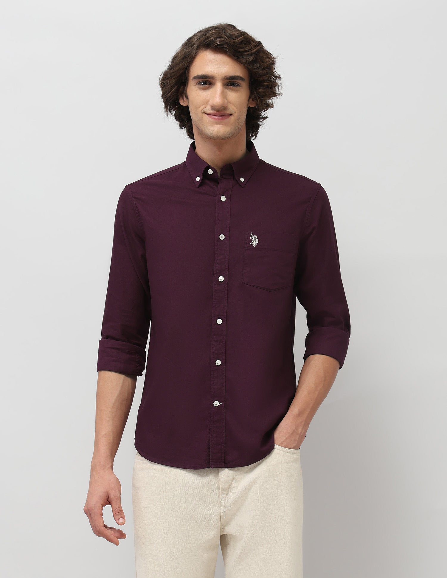 Tailored Fit Pure Cotton Shirt Burgundy - U.S. Polo Assn. India | Large