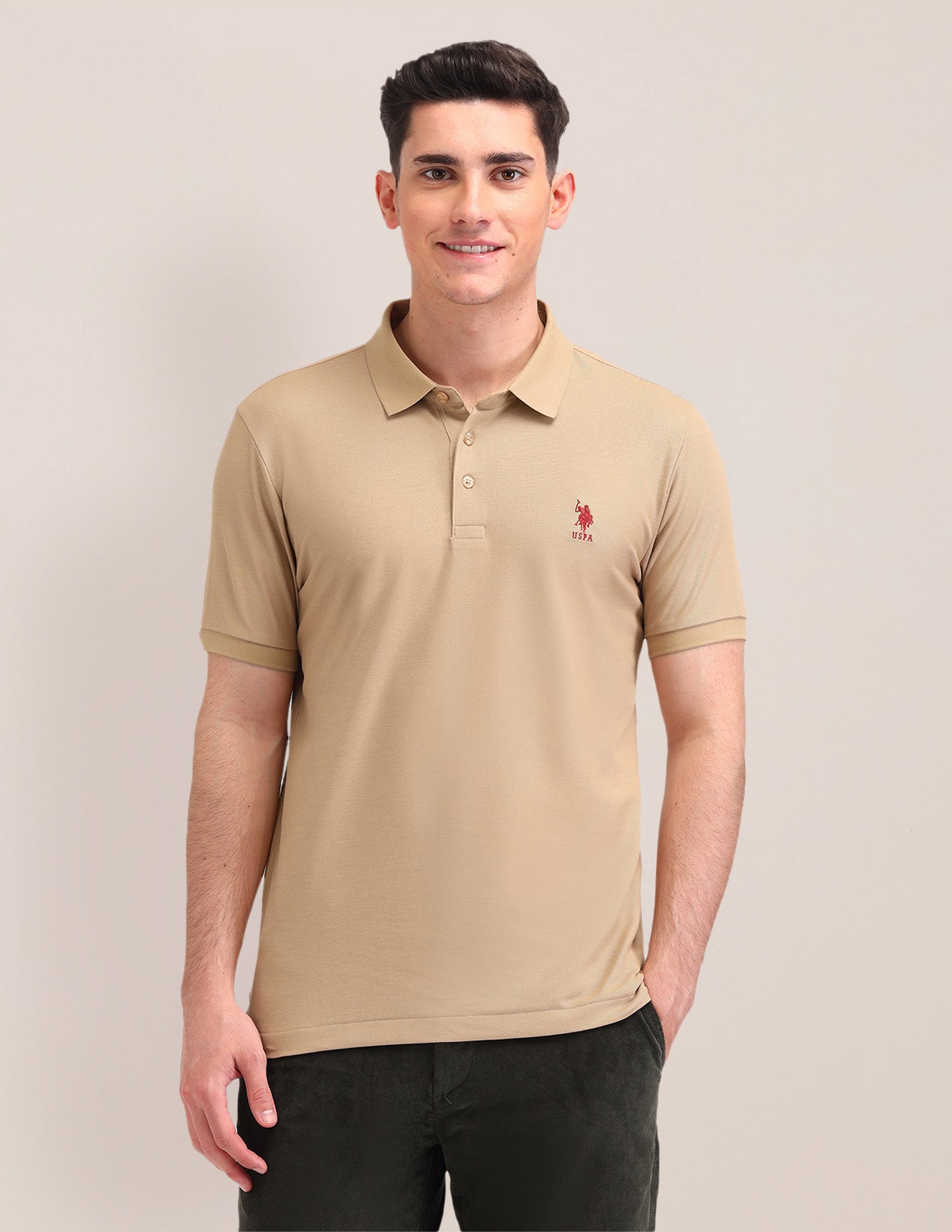 Solid Pattern Cotton Polo Shirt Beige - U.S. Polo Assn. India | Large