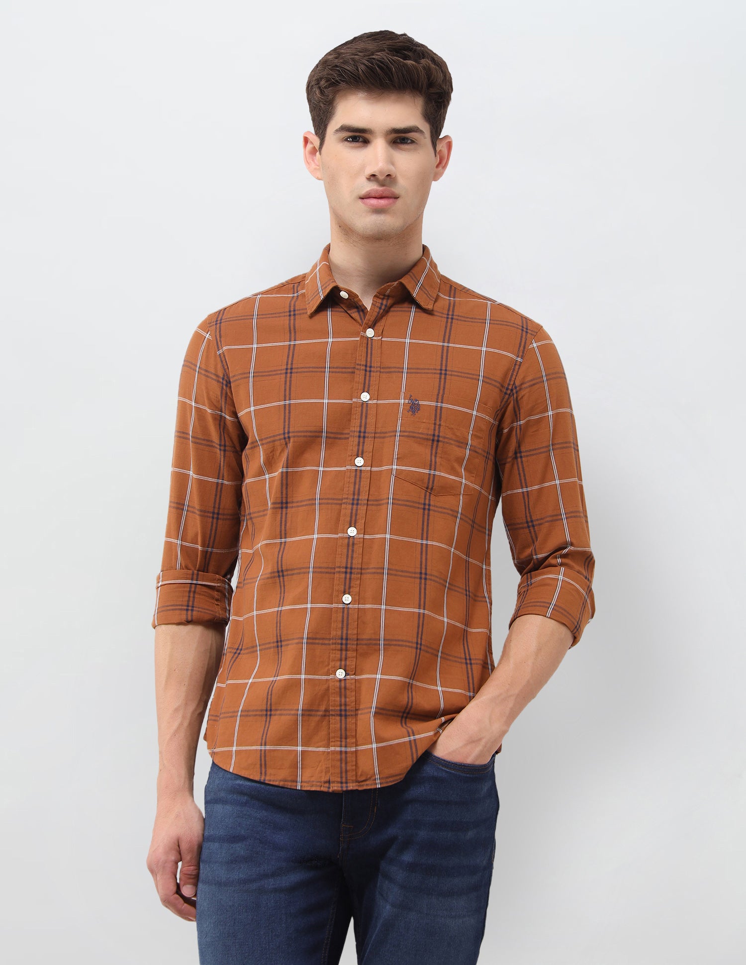 Grid Tattersall Checked Poplin Shirt Brown - U.S. Polo Assn. India | Large