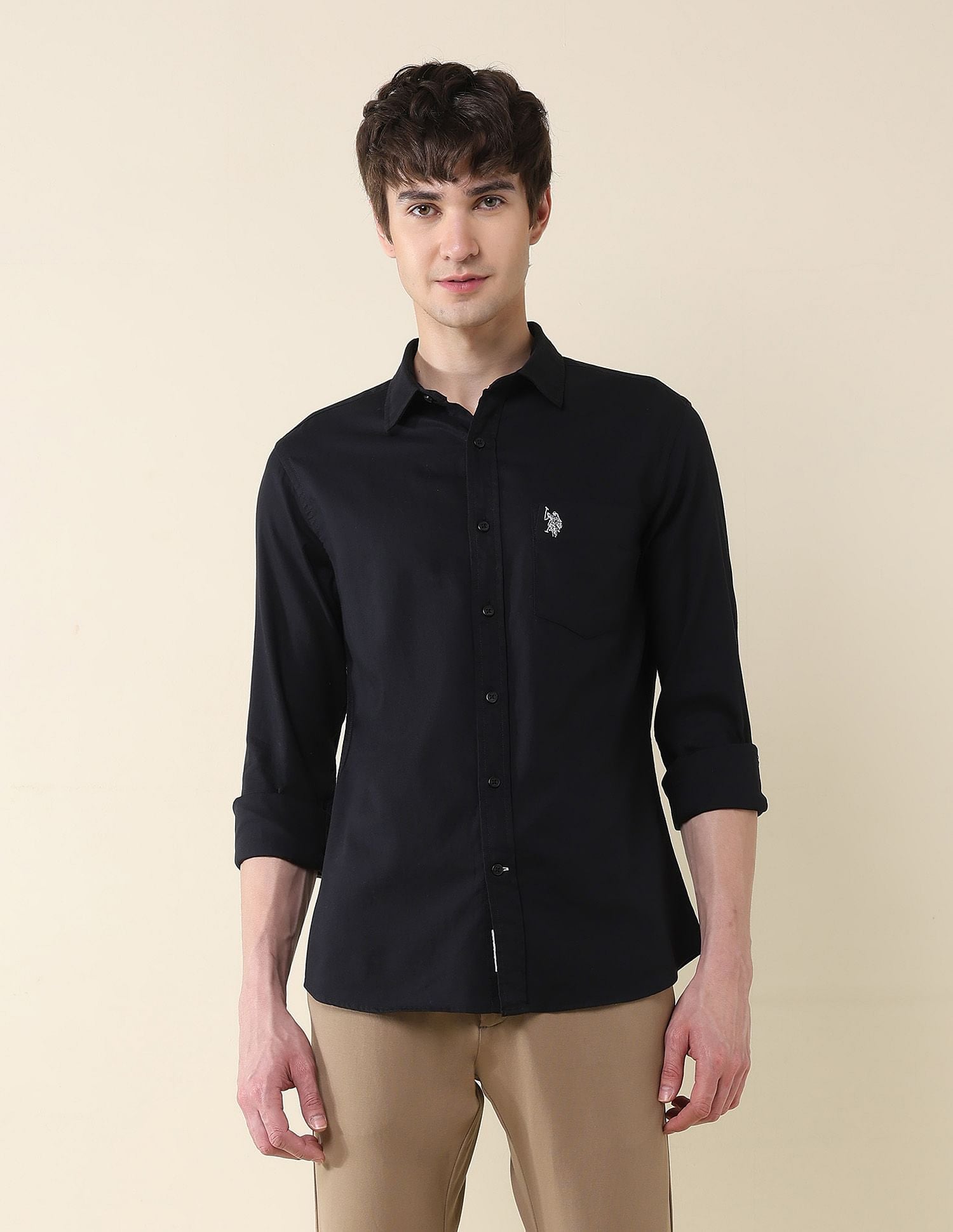 Solid Birds Eye Dobby Shirt Black - U.S. Polo Assn. India | Large