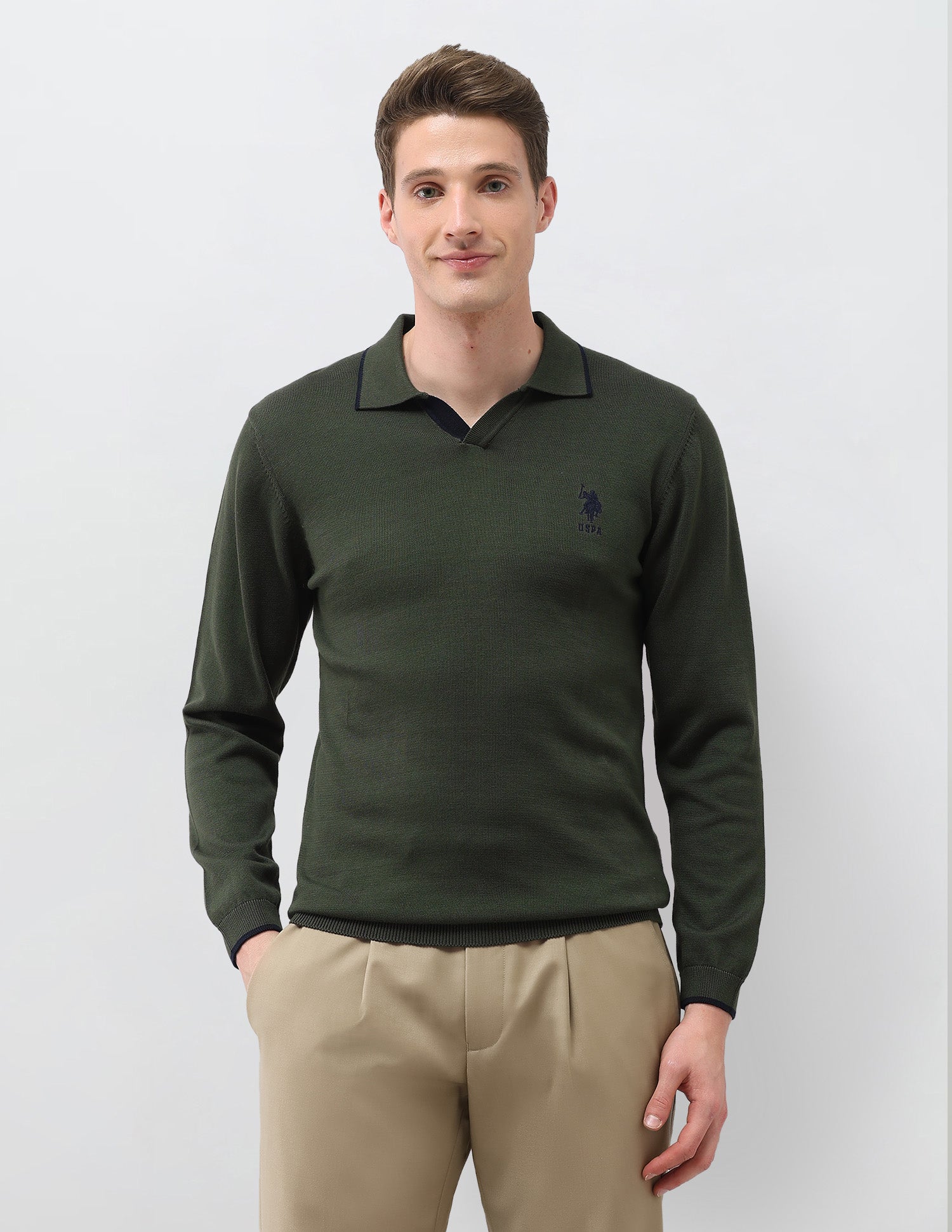 Solid Regular Fit Sweater Olive - U.S. Polo Assn. India | Large