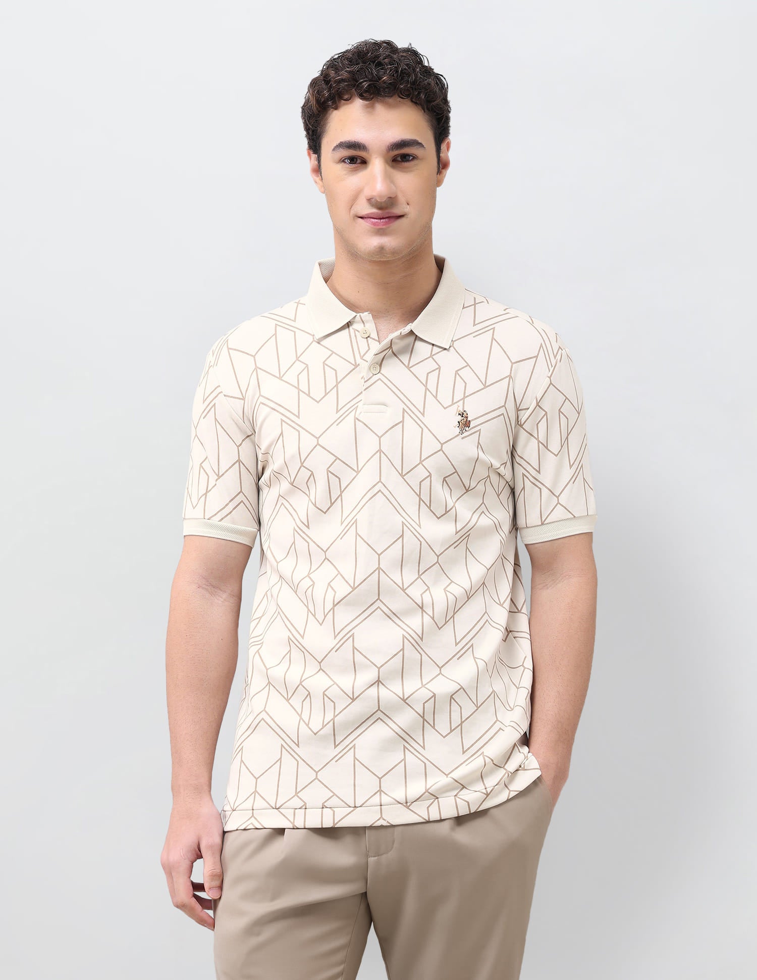 Geometric Printed Slim Fit Polo Shirt Beige - U.S. Polo Assn. India | Large