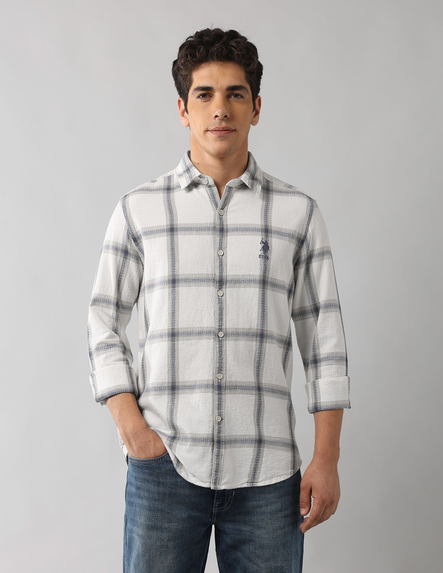 Grid Tattersall Checked Regular Fit Shirt Off White - U.S. Polo Assn. India | Large