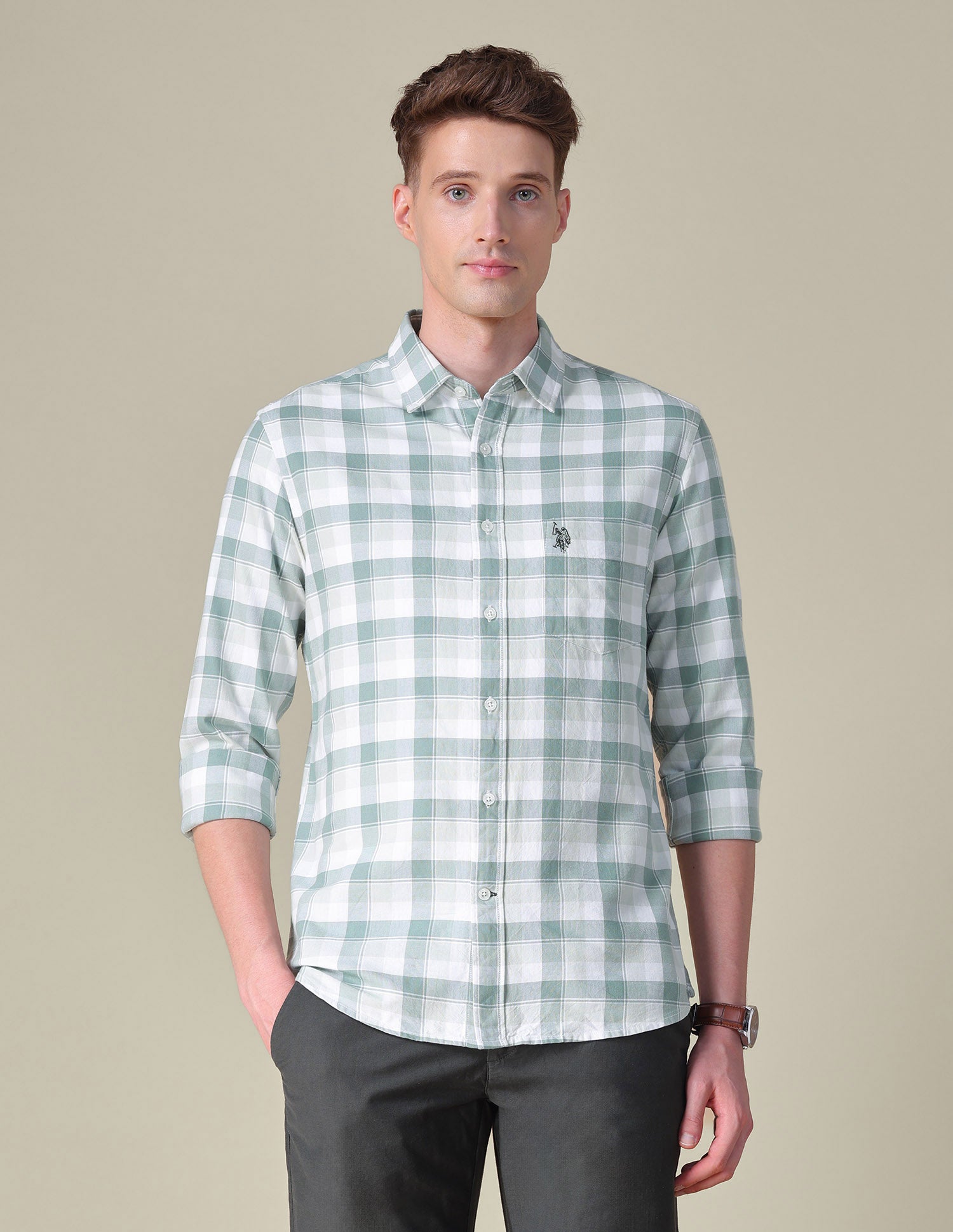 Grid Tattersall Checked Tailored Fit Shirt Light Green - U.S. POLO ASSN. | Large