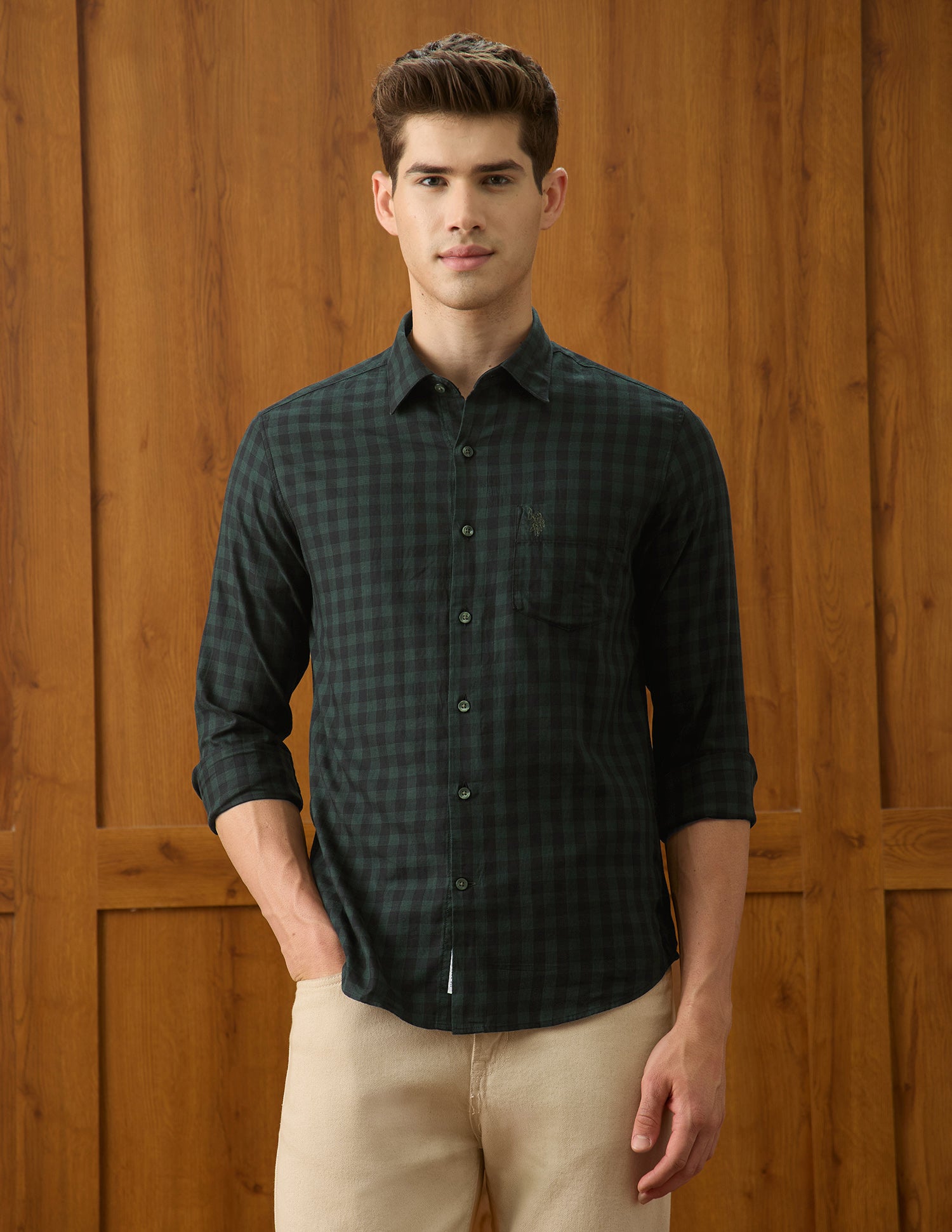 Twill Gingham Checked Shirt Olive - U.S. Polo Assn. India | Large