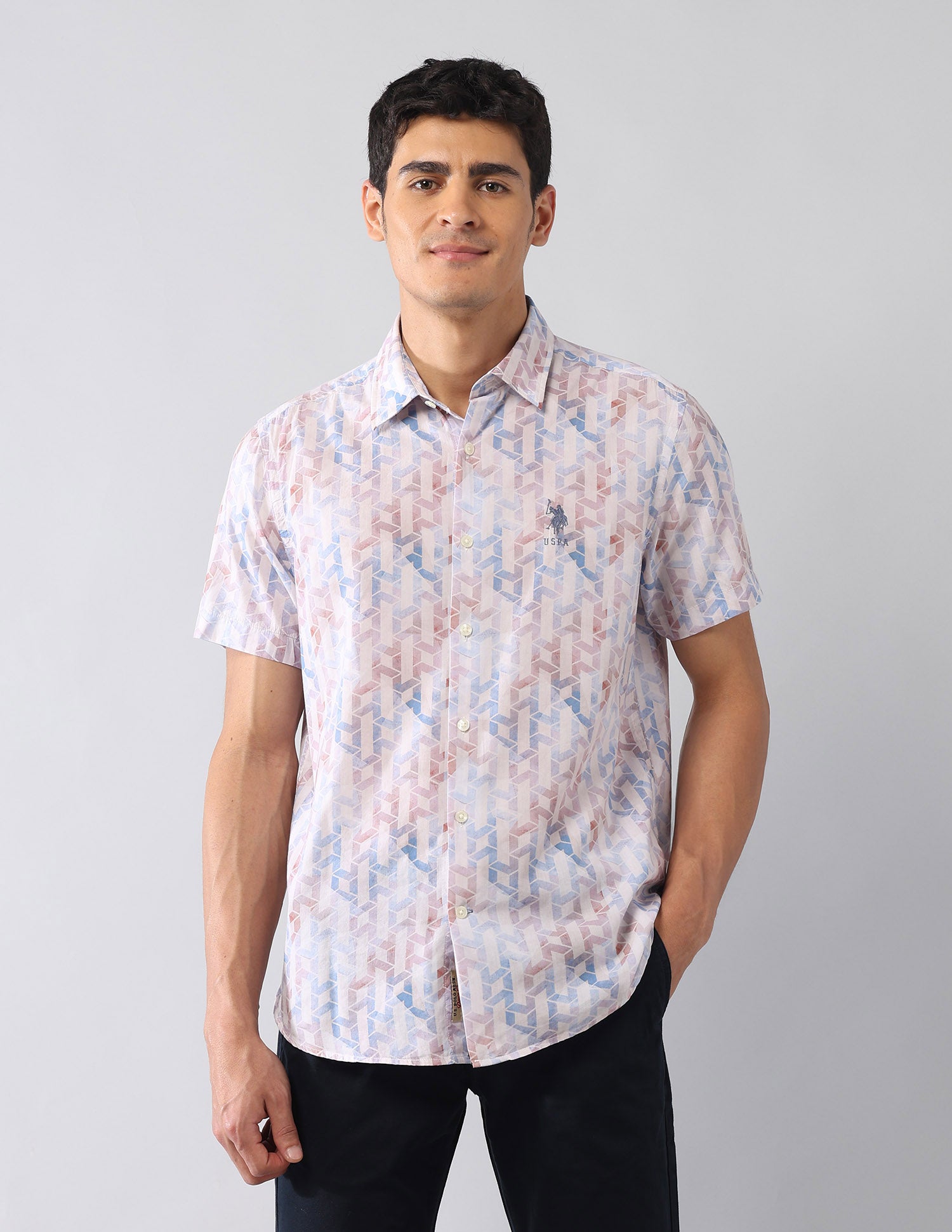 Geometric Printed Satin Regular Fit Shirt Blue - U.S. Polo Assn. India | Large