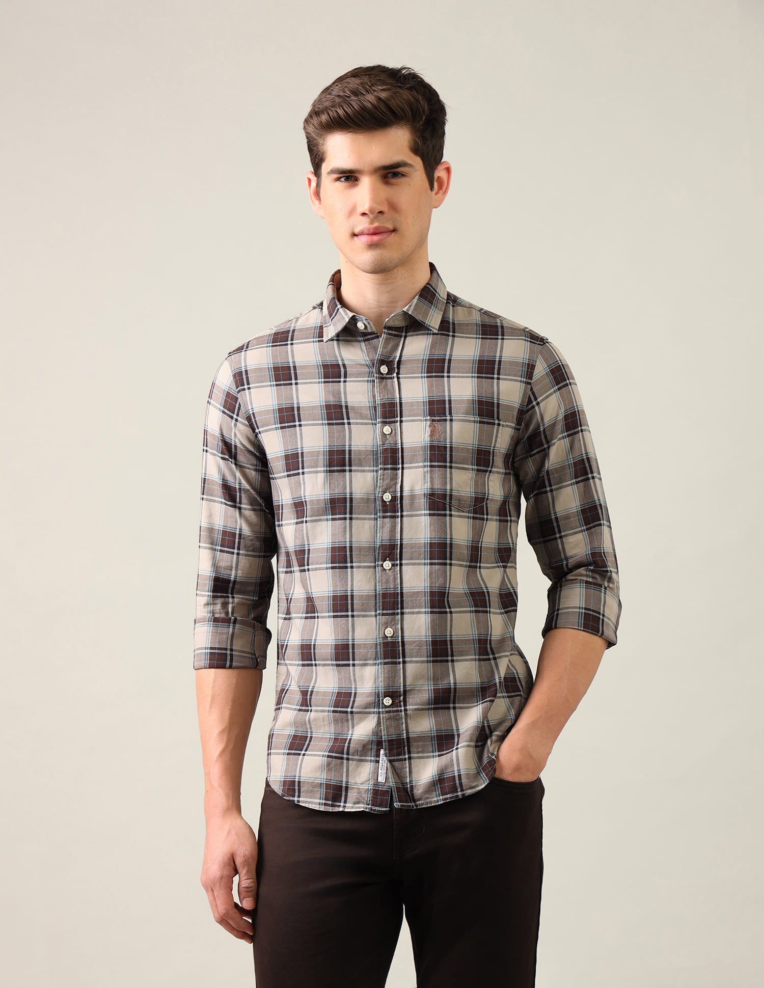 Grid Tattersall Checked Regular Fit Shirt Brown - U.S. Polo Assn. India | Large