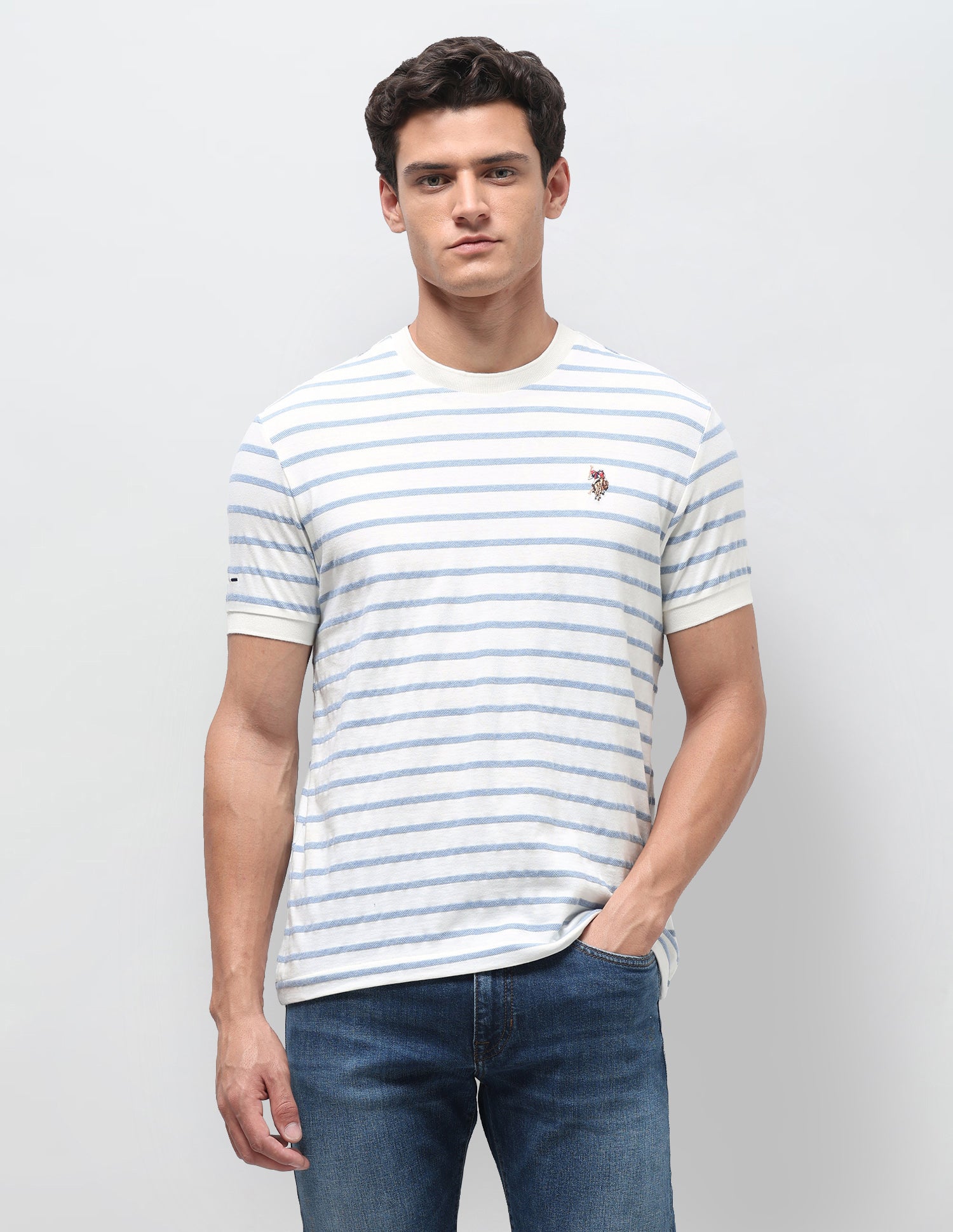 Horizontal Striped Slim Fit T-Shirt Blue Melange - U.S. Polo Assn. India | Large