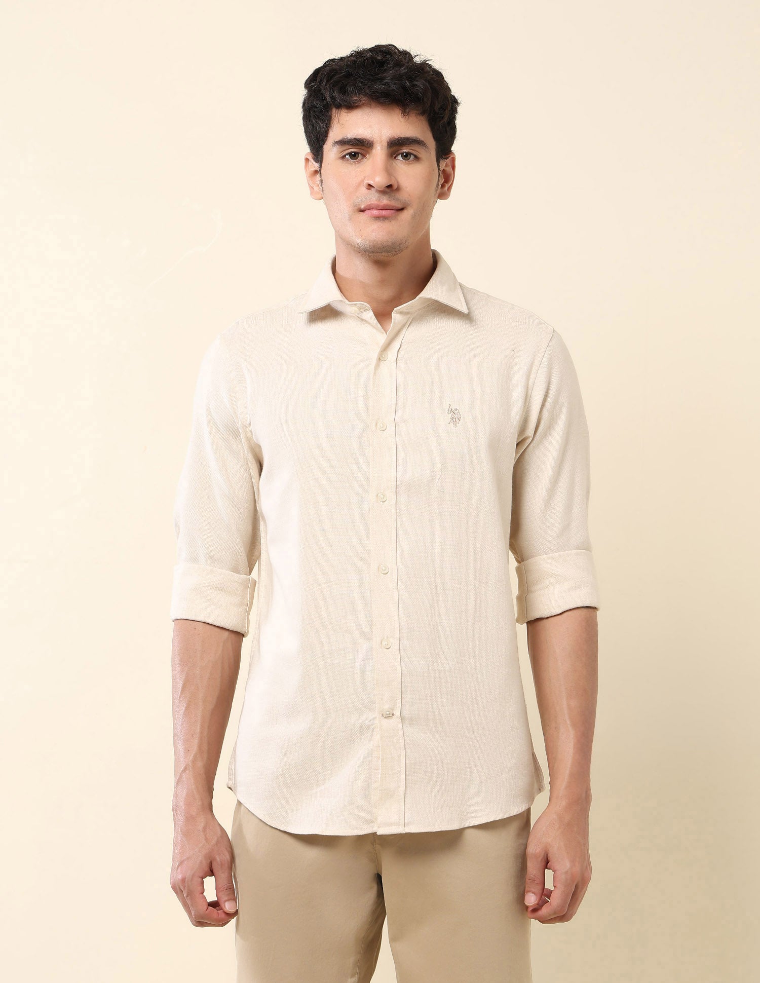 Tailored Fit Pure Cotton Dobby Shirt Khaki - U.S. Polo Assn. India | Large