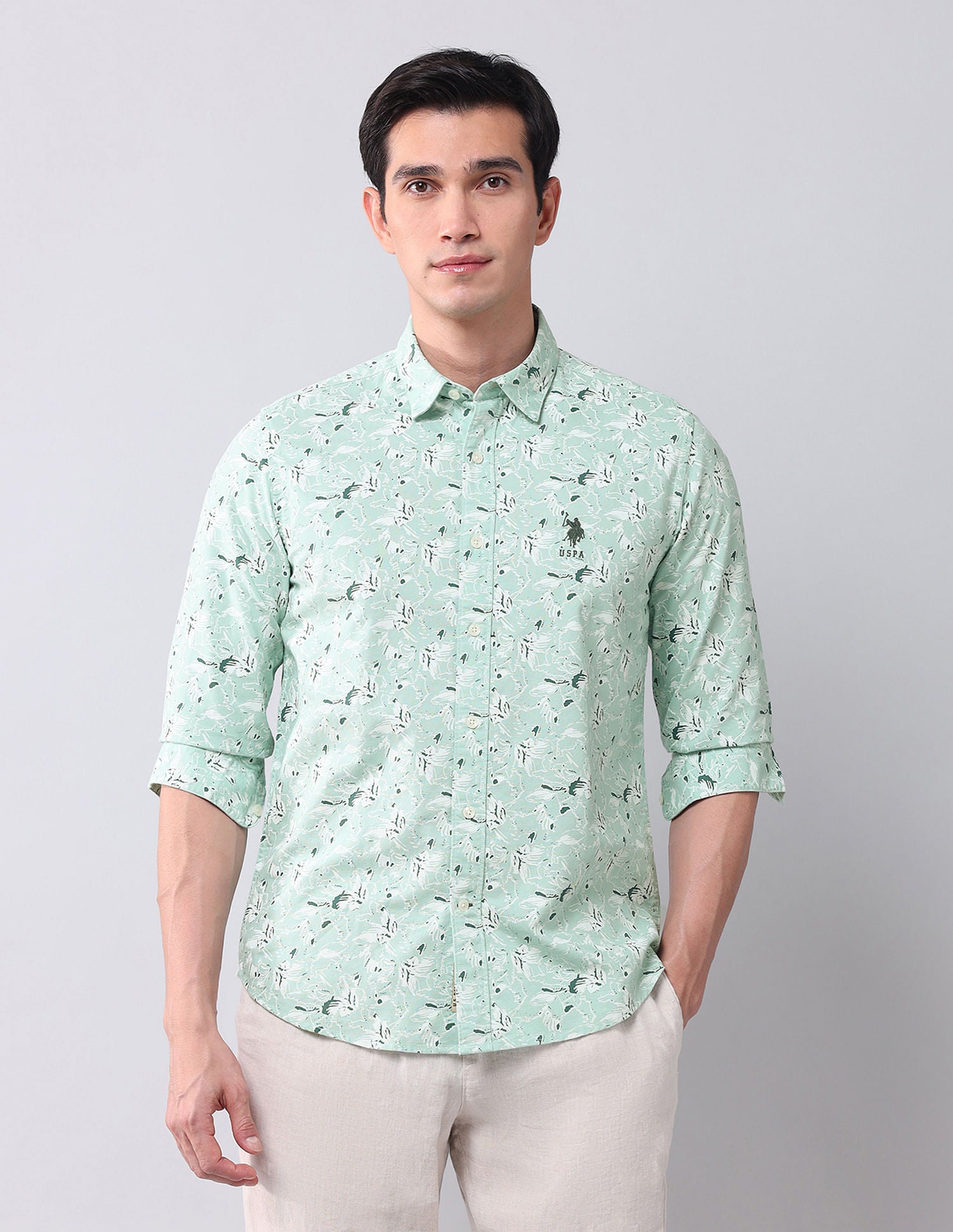 Regular Fit Dobby Printed Shirt Light Olive - U.S. POLO ASSN. | Large