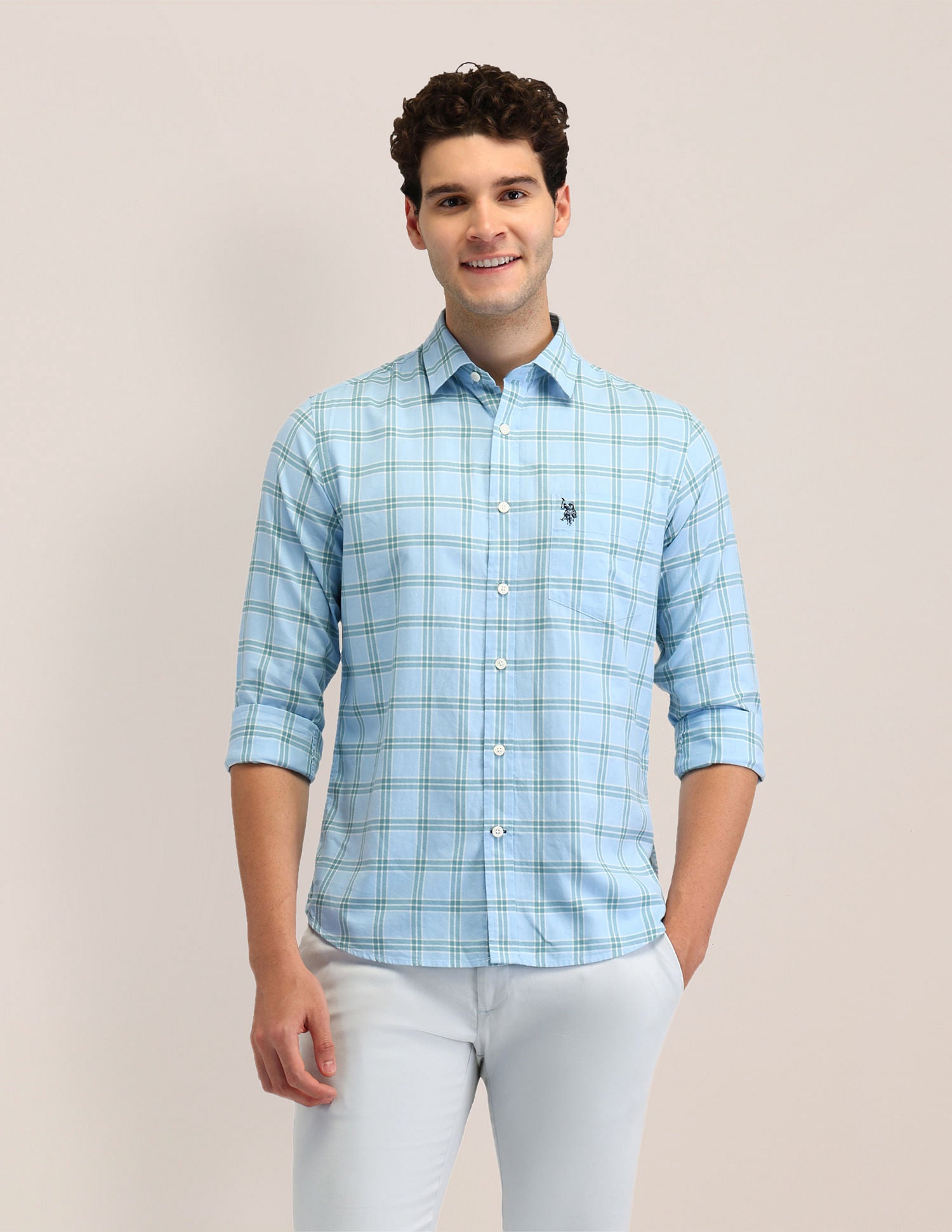 Tailored Fit Dobby Checked Shirt Light Blue - U.S. POLO ASSN. | Large