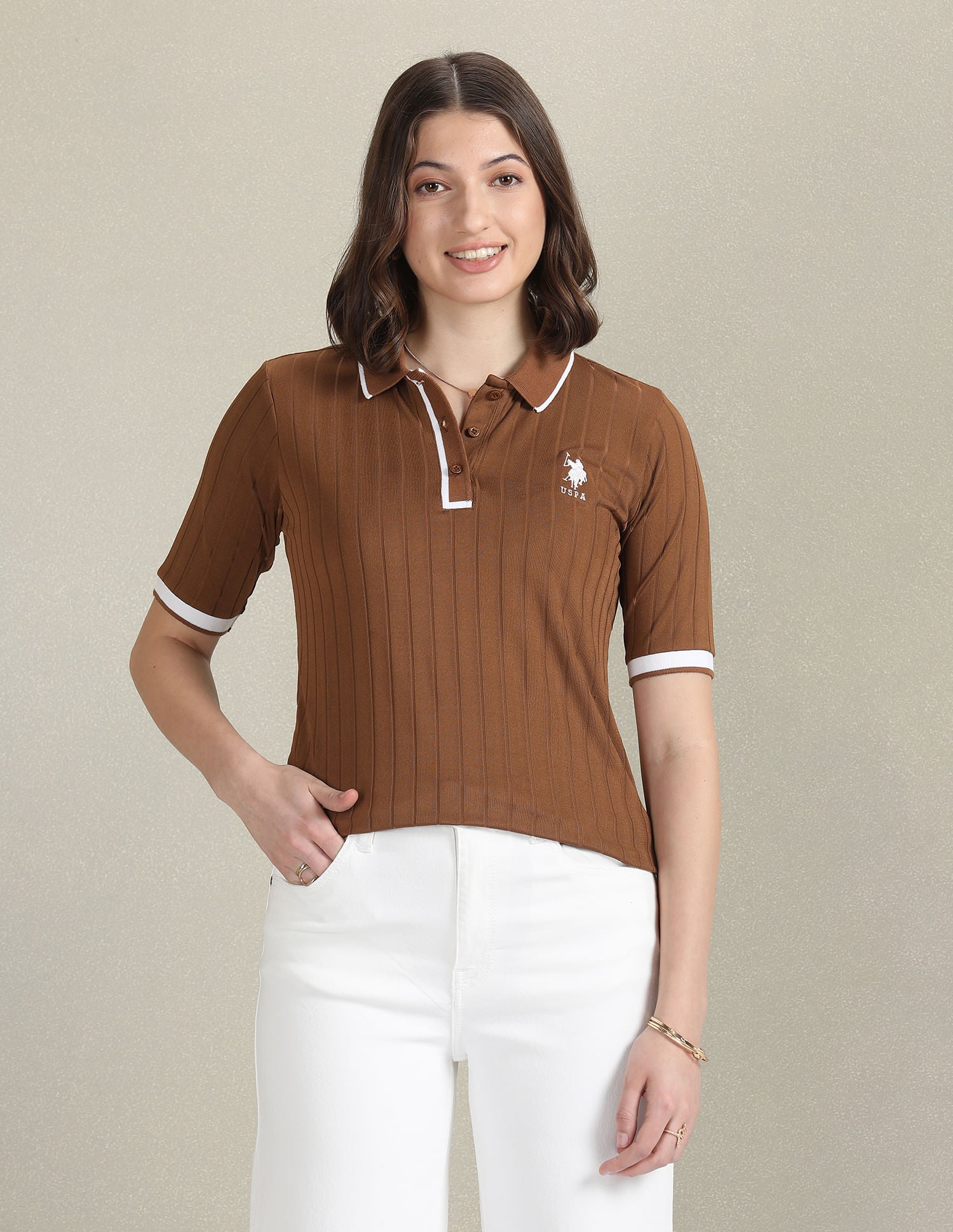 Tipped Collar Textured Polo Shirt Brown - U.S. POLO ASSN. | Large