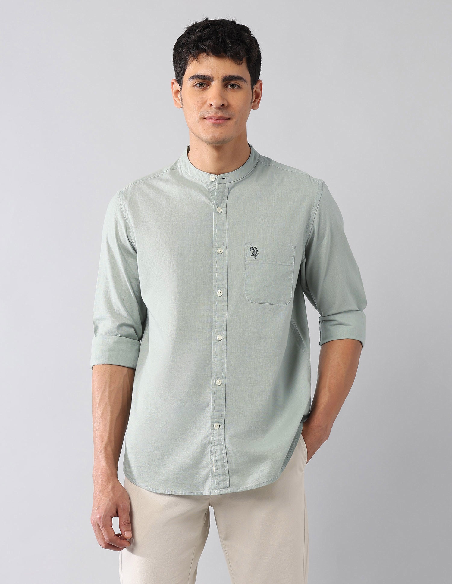 Solid Regular Fit Mandarin Shirt Light Green - U.S. Polo Assn. India | Large