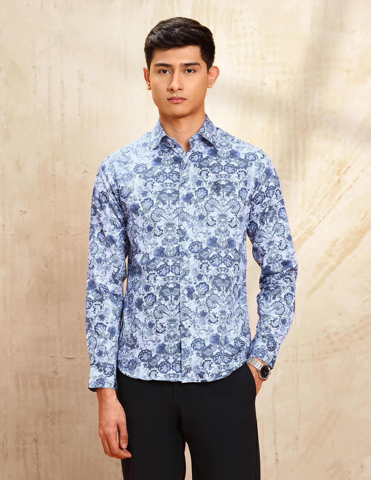 Floral Printed Satin Shirt Blue - U.S. POLO ASSN. | Large