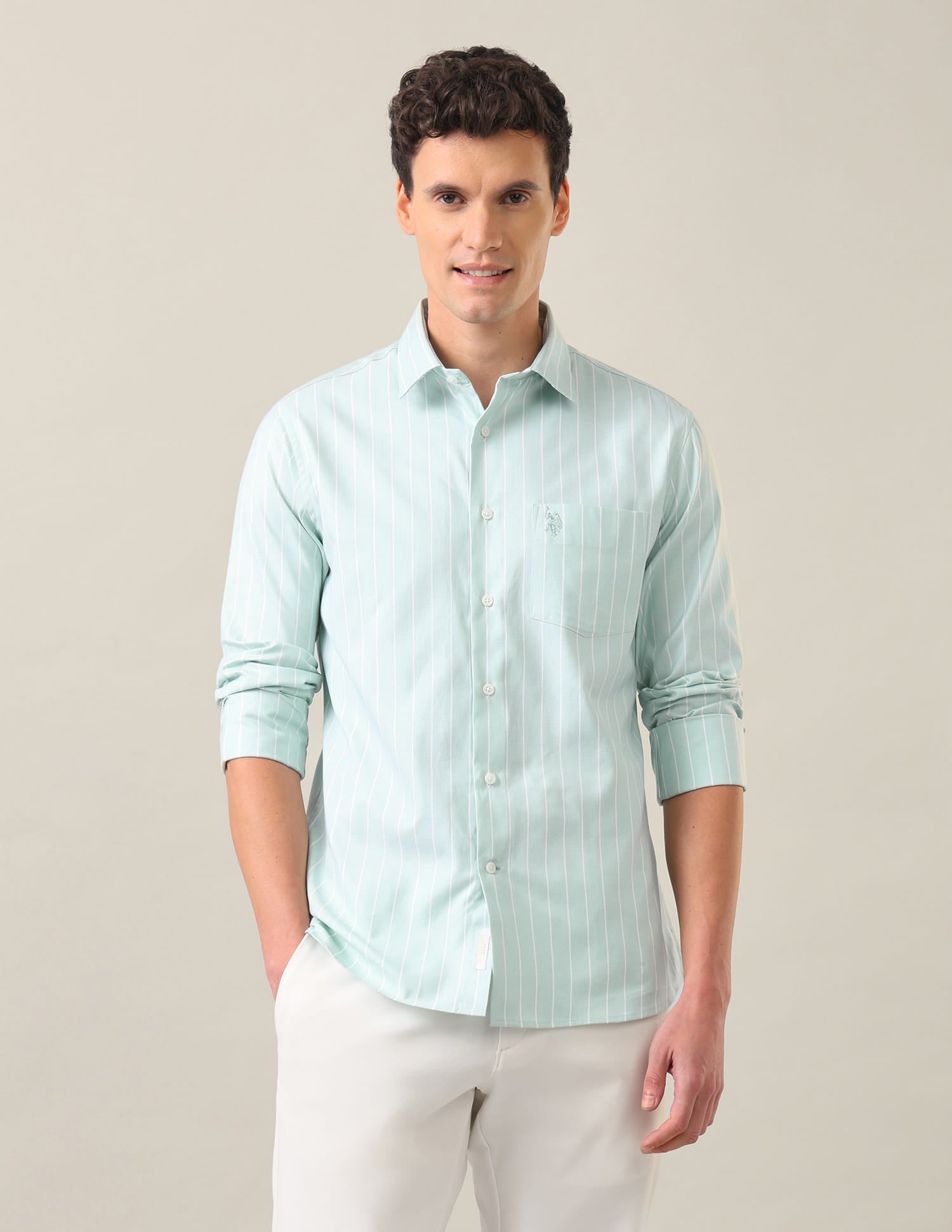Vertical Striped Tailored Fit Shirt Light Green - U.S. Polo Assn. India | Large