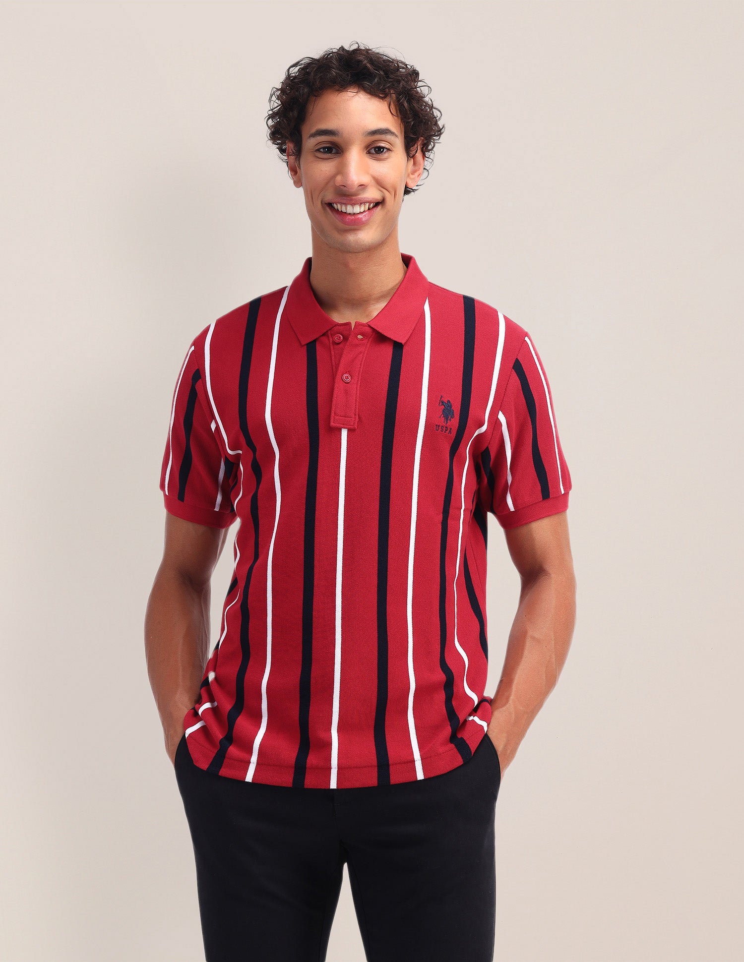 Vertical Striped Slim Fit Polo Shirt Red - U.S. Polo Assn. India | Large