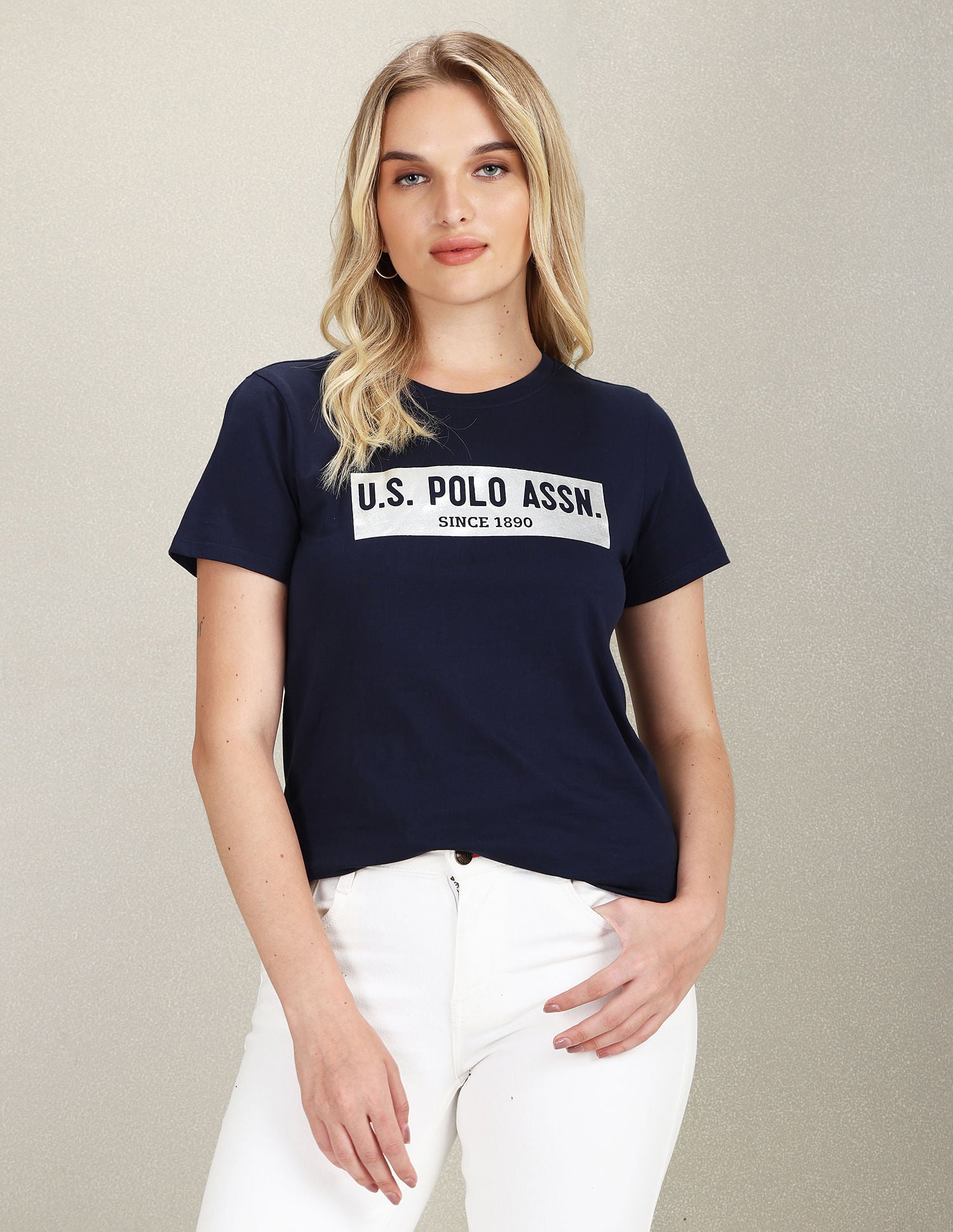 Metallic Brand Print Cotton T-Shirt Navy - U.S. POLO ASSN. | Large