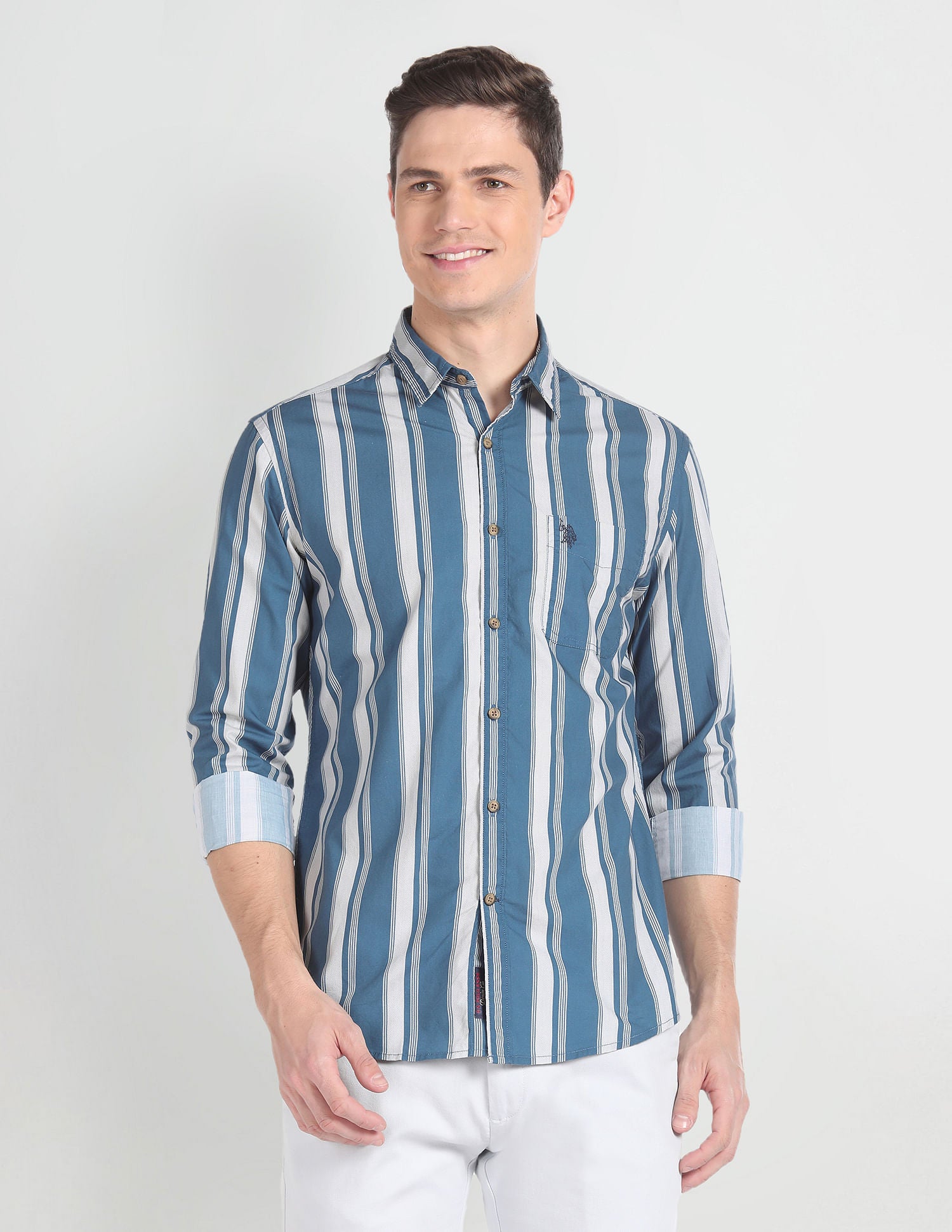 Vertical Stripe Cotton Shirt Dark Blue - U.S. POLO ASSN. | Large