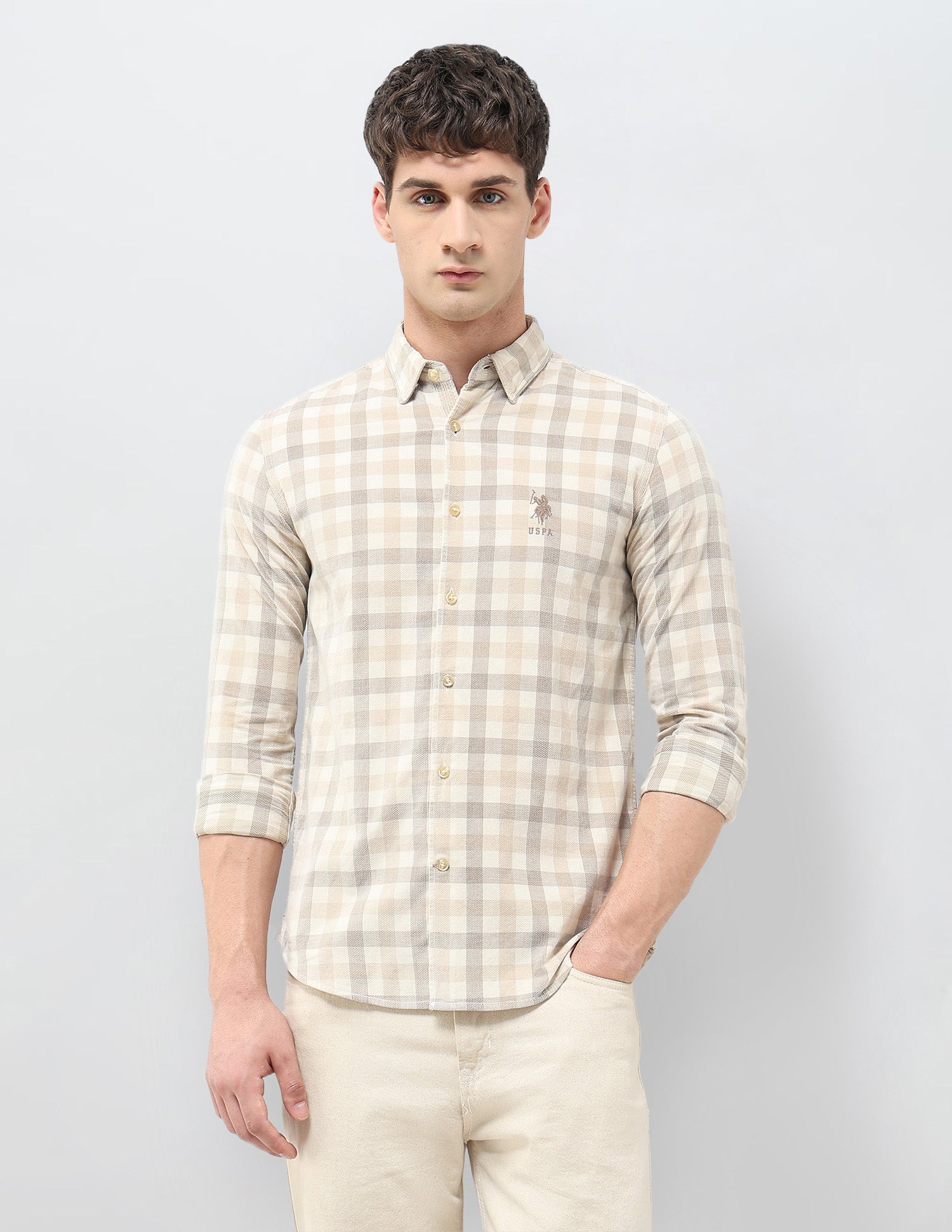 Grid Tattersall Checked Corduroy Shirt Beige - U.S. POLO ASSN. | Large