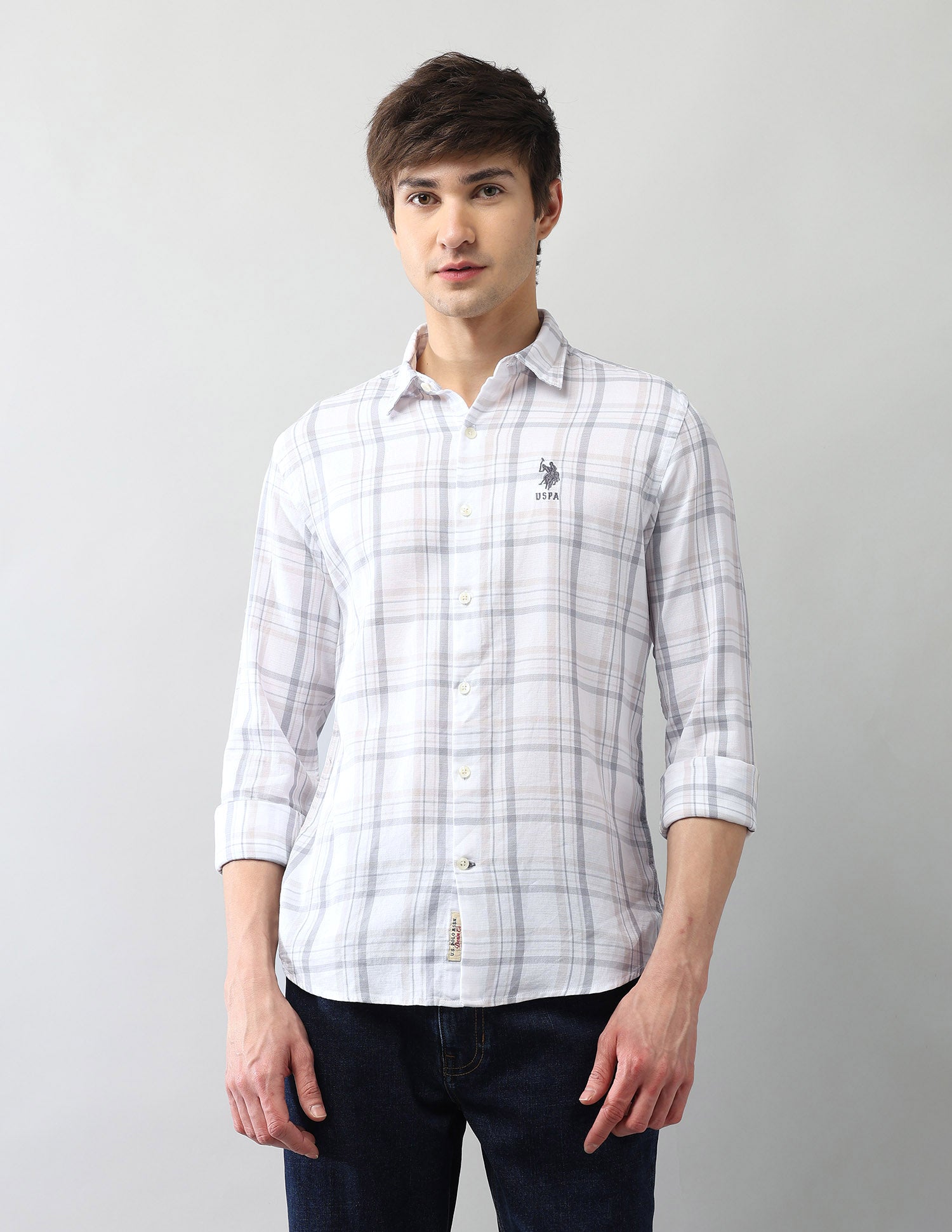 Grid Tattersall Checked Regular Fit Dobby Shirt Ecru - U.S. Polo Assn. India | Large