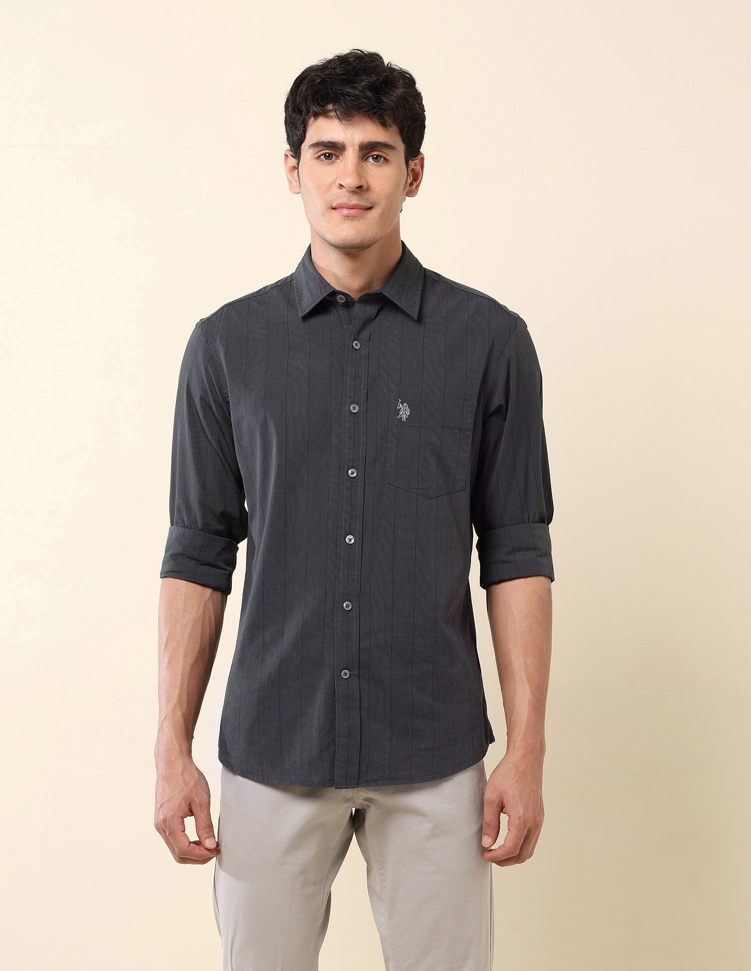 Pinstriped Pure Cotton Shirt Grey - U.S. POLO ASSN. | Large