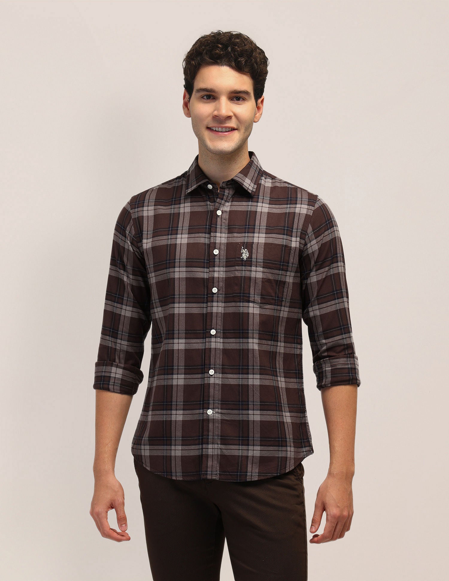 Tailored Fit Dobby Checked Shirt Brown - U.S. POLO ASSN. | Large