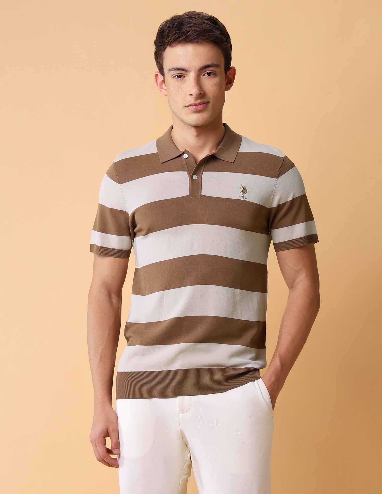 Horizontal Striped Slim Fit Polo Shirt Beige - U.S. Polo Assn. India | Large