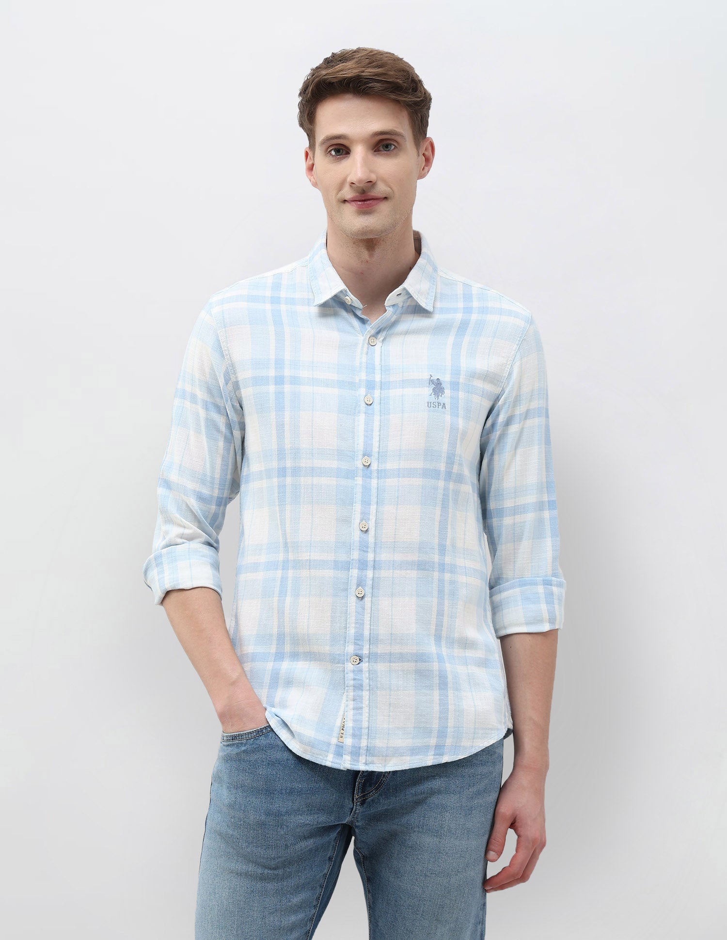 Tartan Checked Slim Fit Shirt Light Blue - U.S. Polo Assn. India | Large