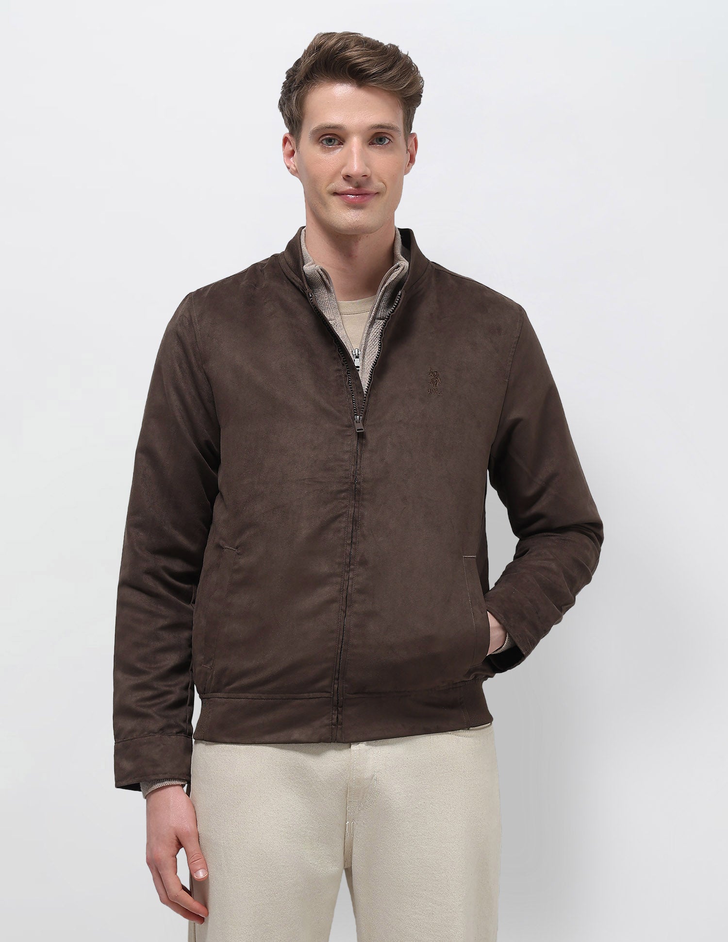 Solid Regular Fit Bomber Jacket Dark Brown - U.S. Polo Assn. India | Large