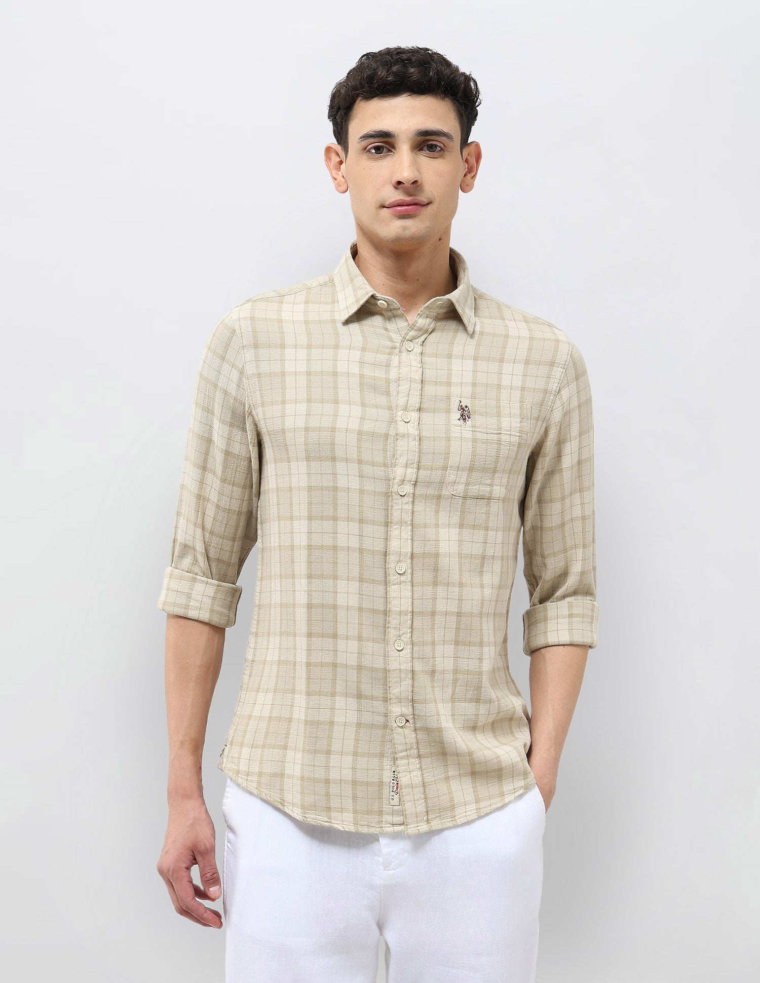 Tartan Checked Dobby Shirt Light Beige - U.S. Polo Assn. India | Large