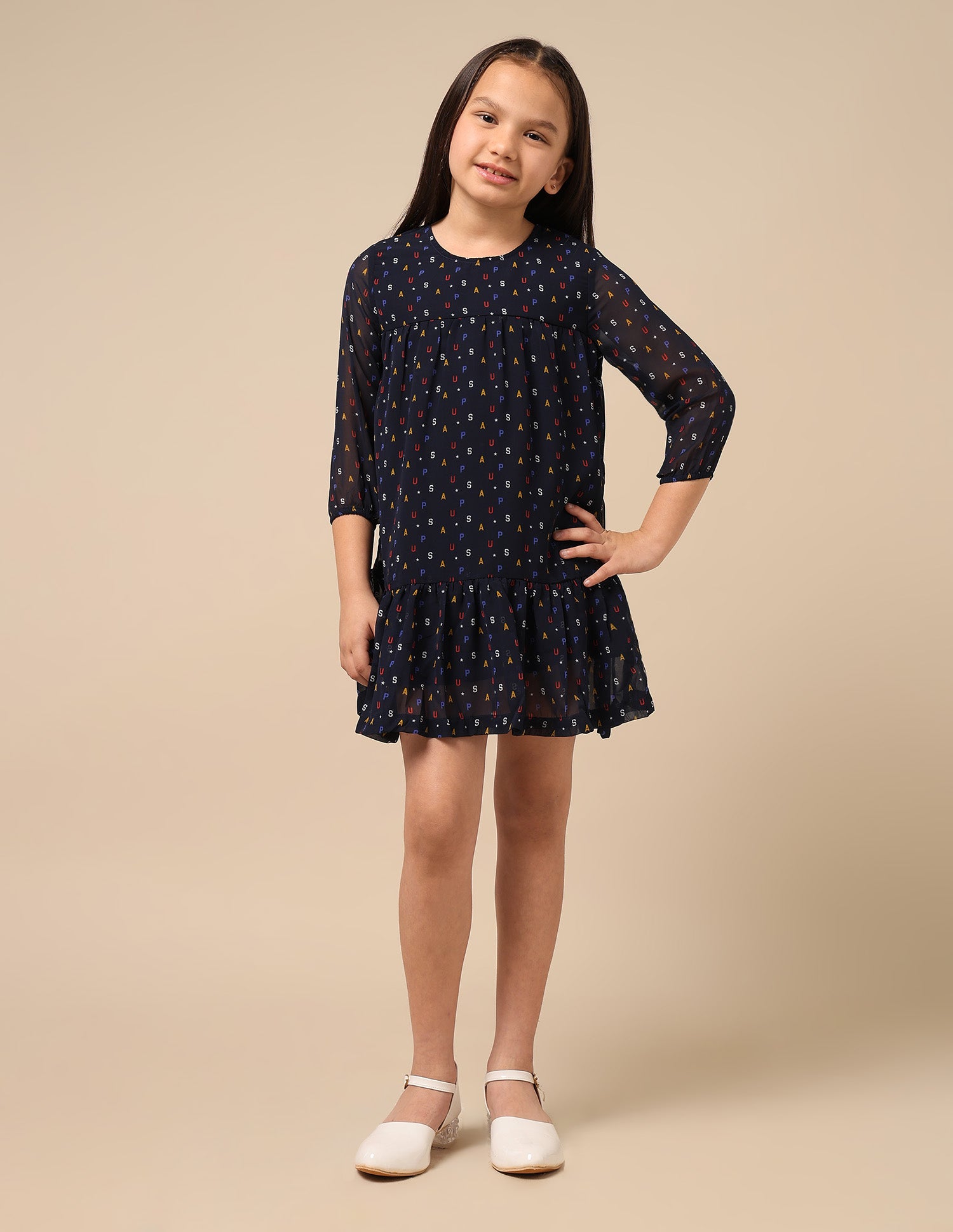 All Over Brand Print Long Sleeve A-Line Dress Navy - U.S. POLO ASSN. | Large