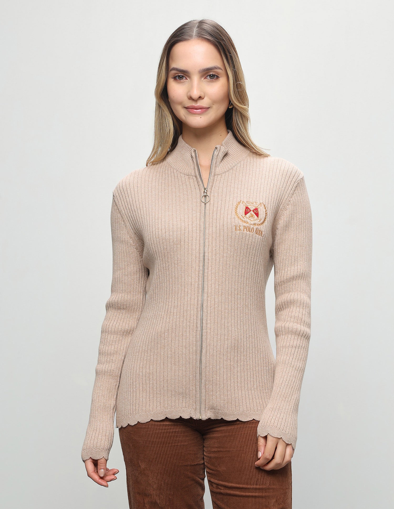Vertical Striped Patterned Knit Fitted Sweater Beige - U.S. Polo Assn. India | Large