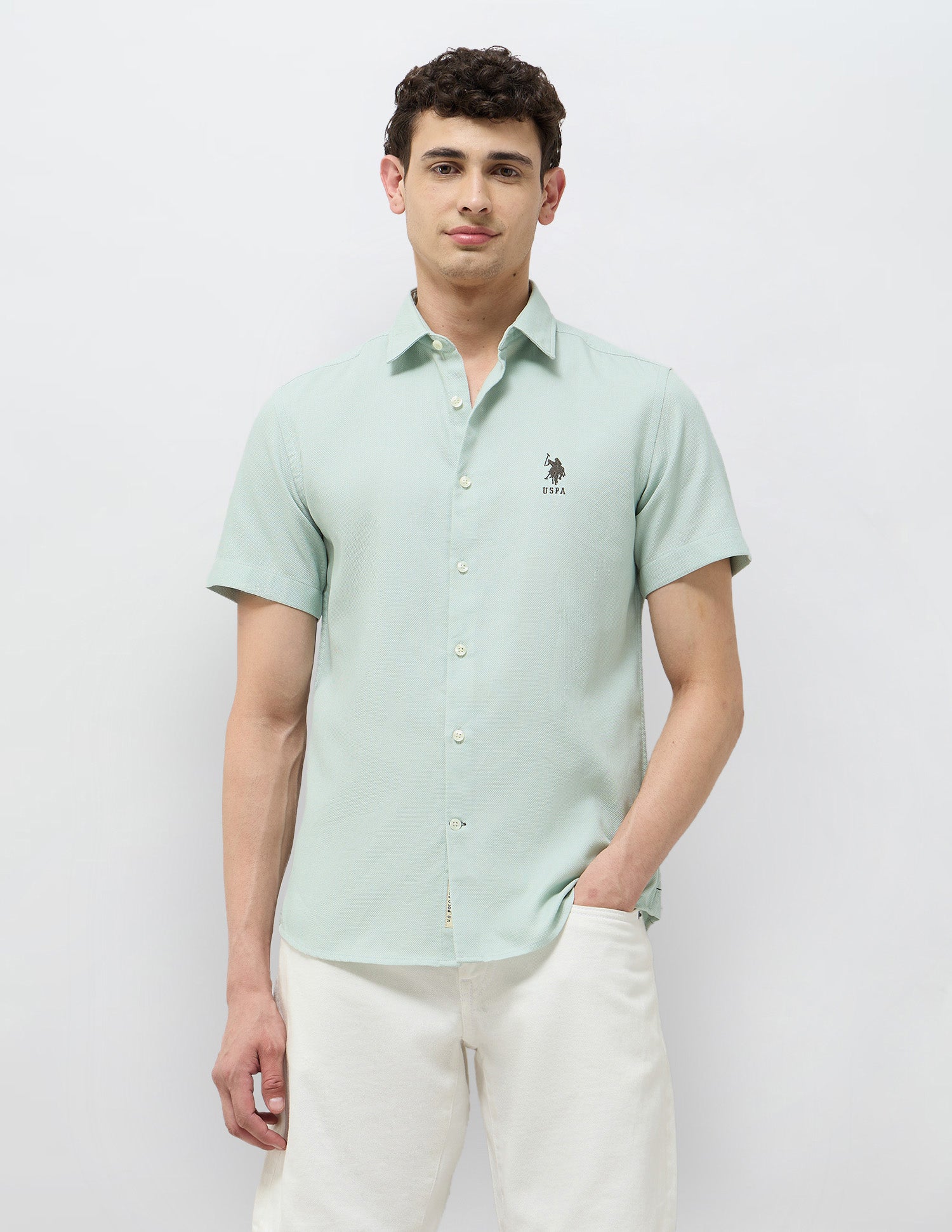 Textured Regular Fit Shirt Light Green - U.S. Polo Assn. India | Large