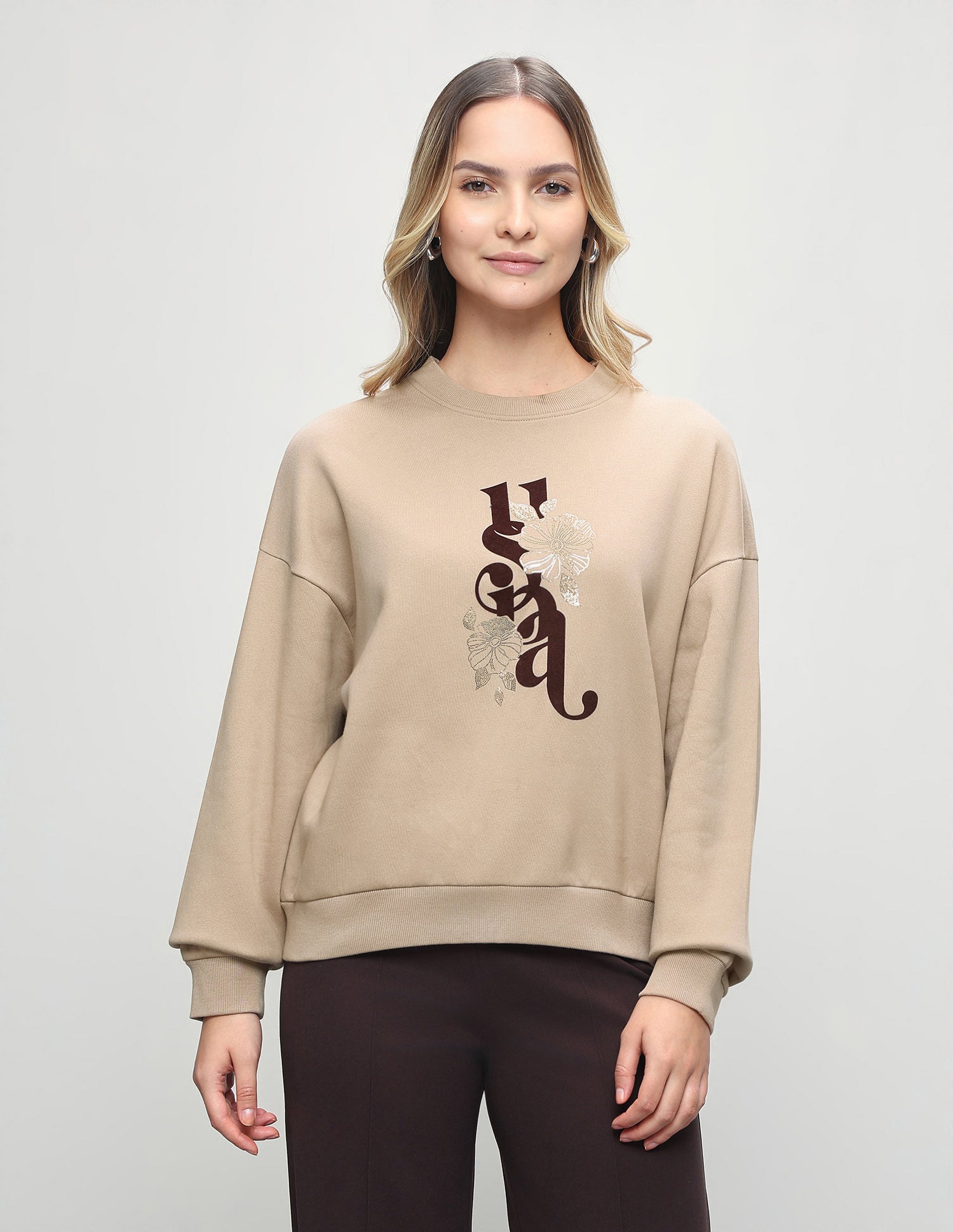 Brand Floral Embellished Oversized Fit Sweatshirt Beige - U.S. Polo Assn. India | Large