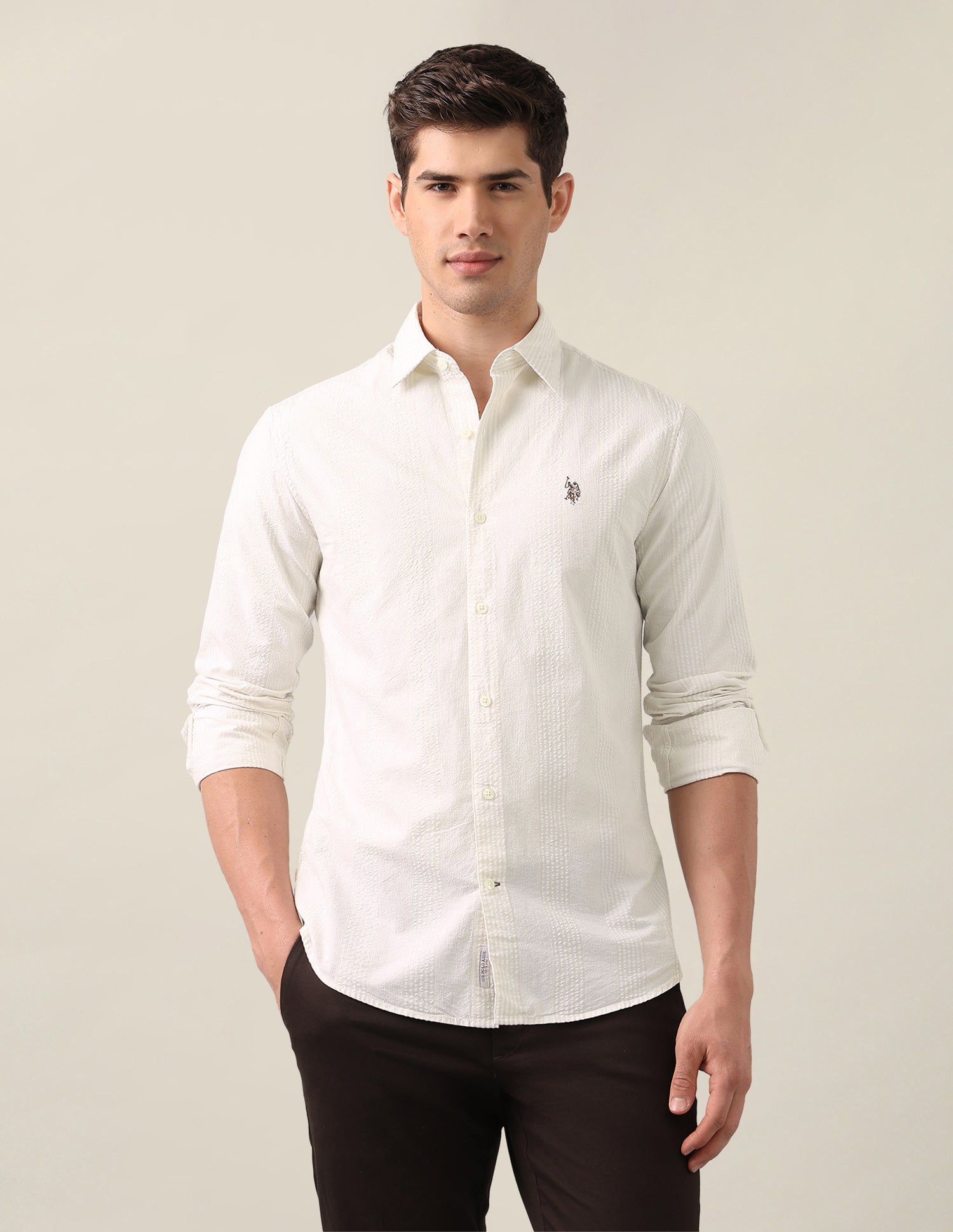 Vertical Striped Seersucker Shirt Beige - U.S. Polo Assn. India | Large