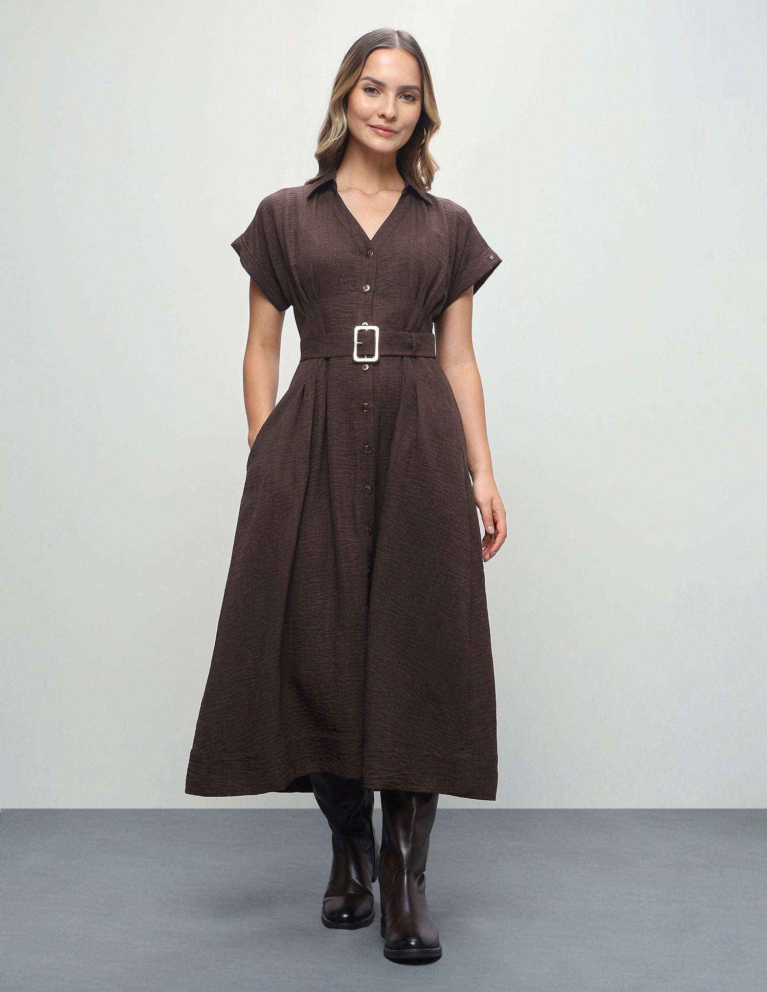 Midi Regular Fit Shirt Dress Brown - U.S. Polo Assn. India | Large