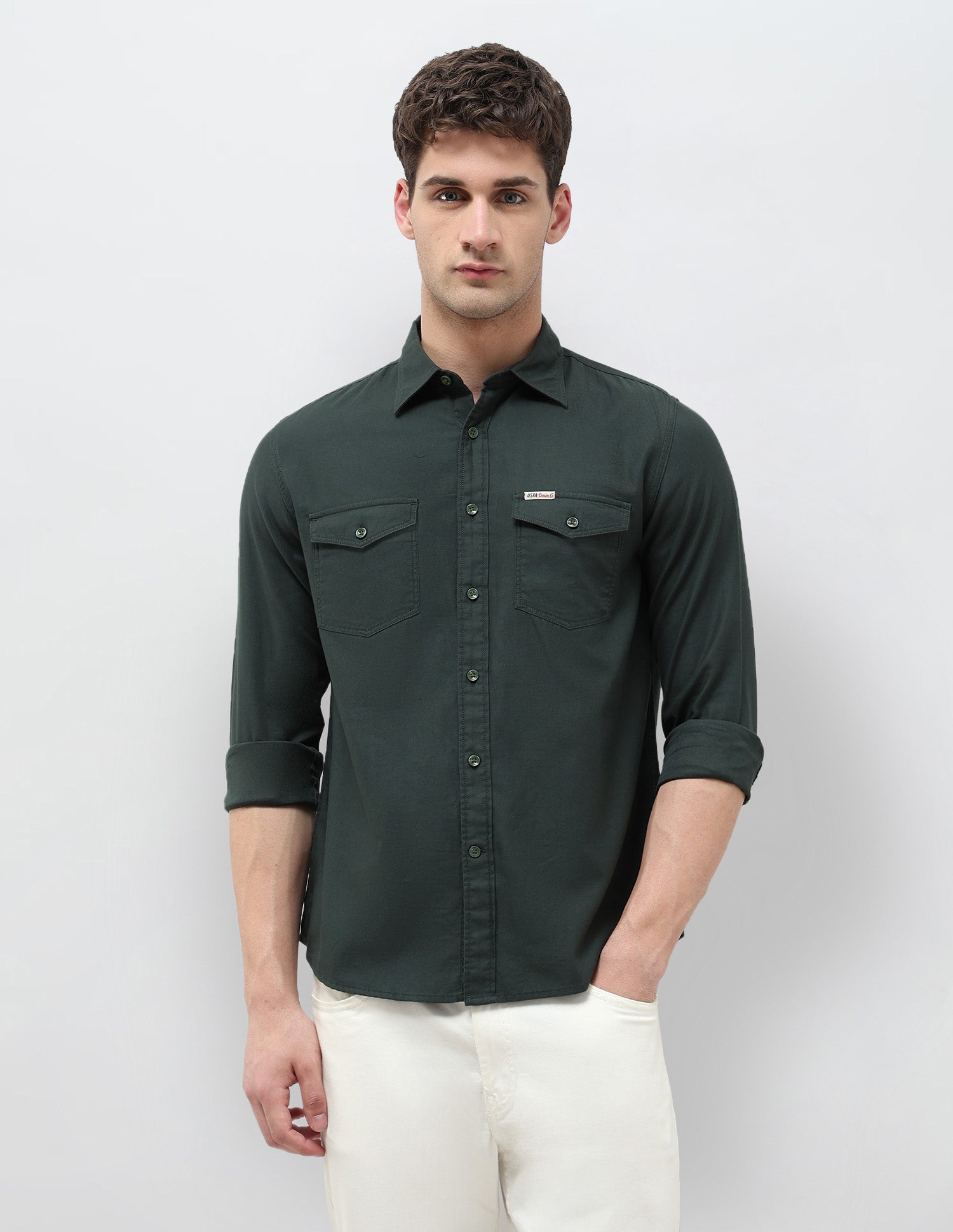 Solid Regular Fit Twill Shirt Dark Green - U.S. POLO ASSN. | Large