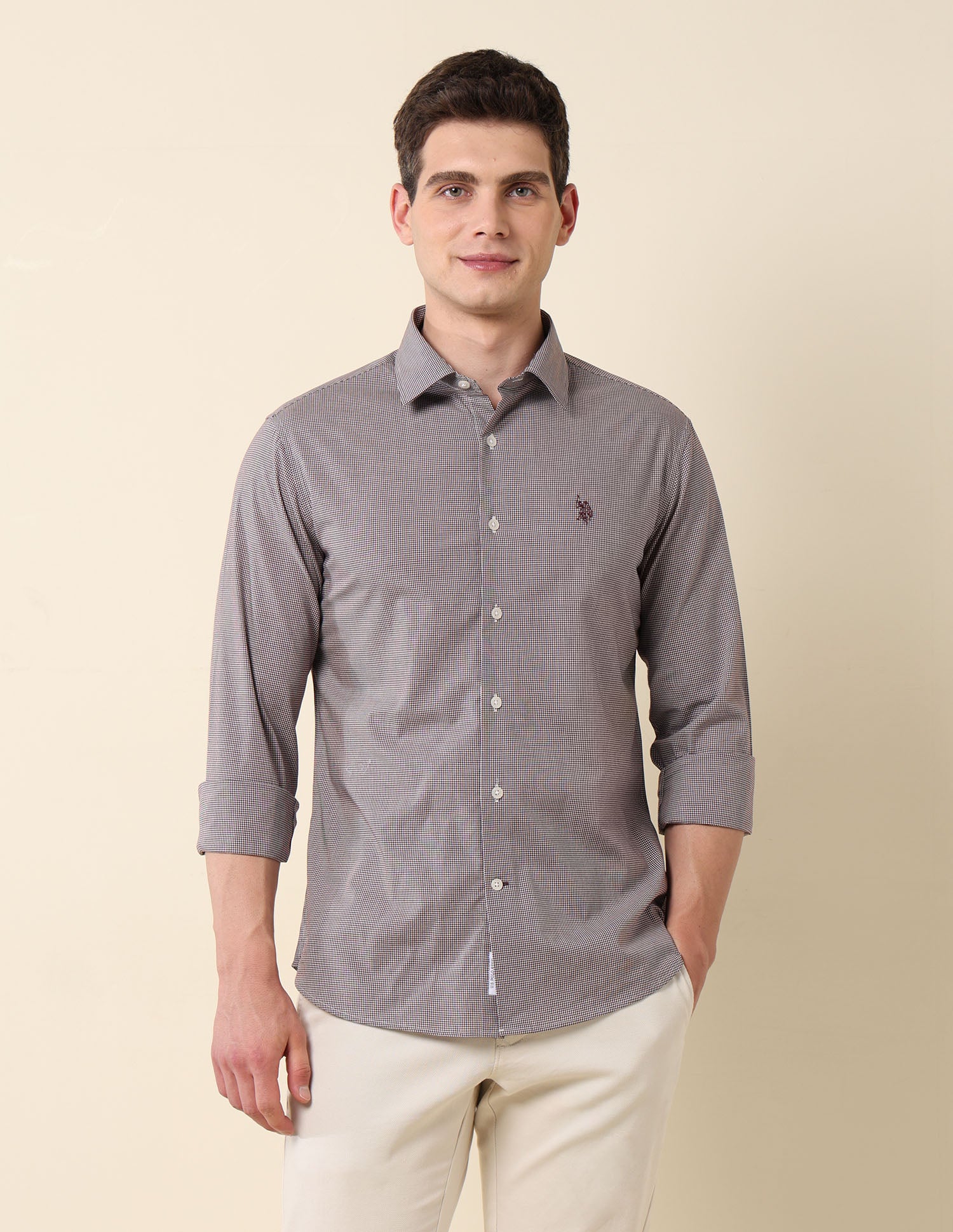 Micro Checked Tailored Fit Shirt Burgundy - U.S. Polo Assn. India | Large